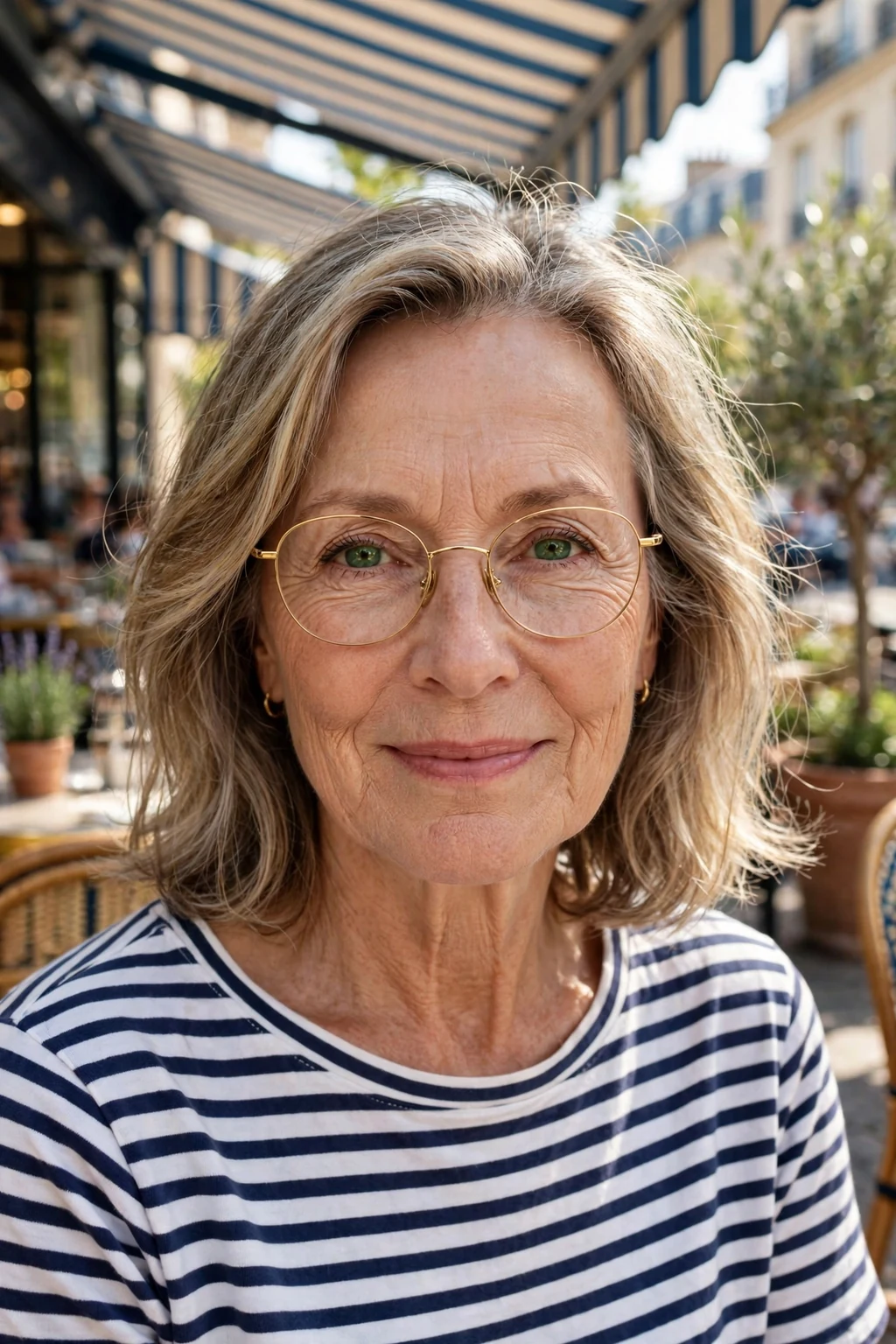 Elegant woman over 60 with fine hair and glasses and highlighted medium-length hair, dimensional radiant color, luminous light.