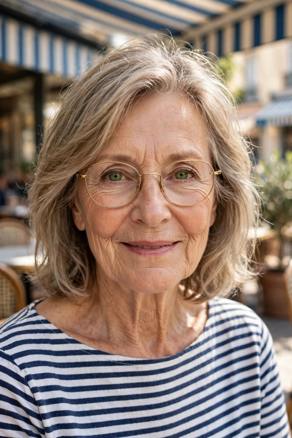 Elegant older woman over 70 with fine hair and glasses and highlighted medium-length hair, dimensional radiant color, luminous light.