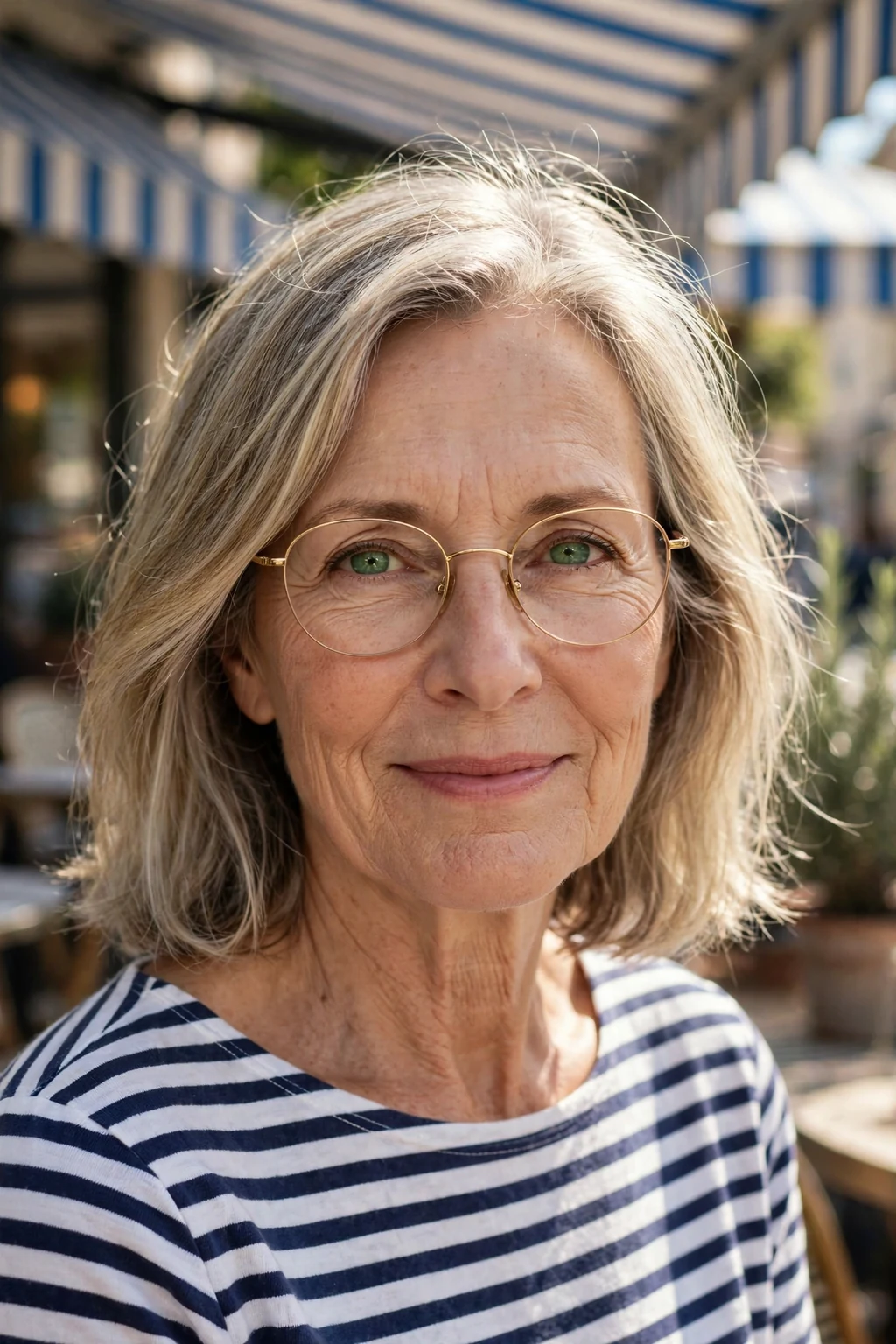 Elegant woman over 60 with fine hair and glasses and highlighted medium-length hair, dimensional radiant color, luminous light.