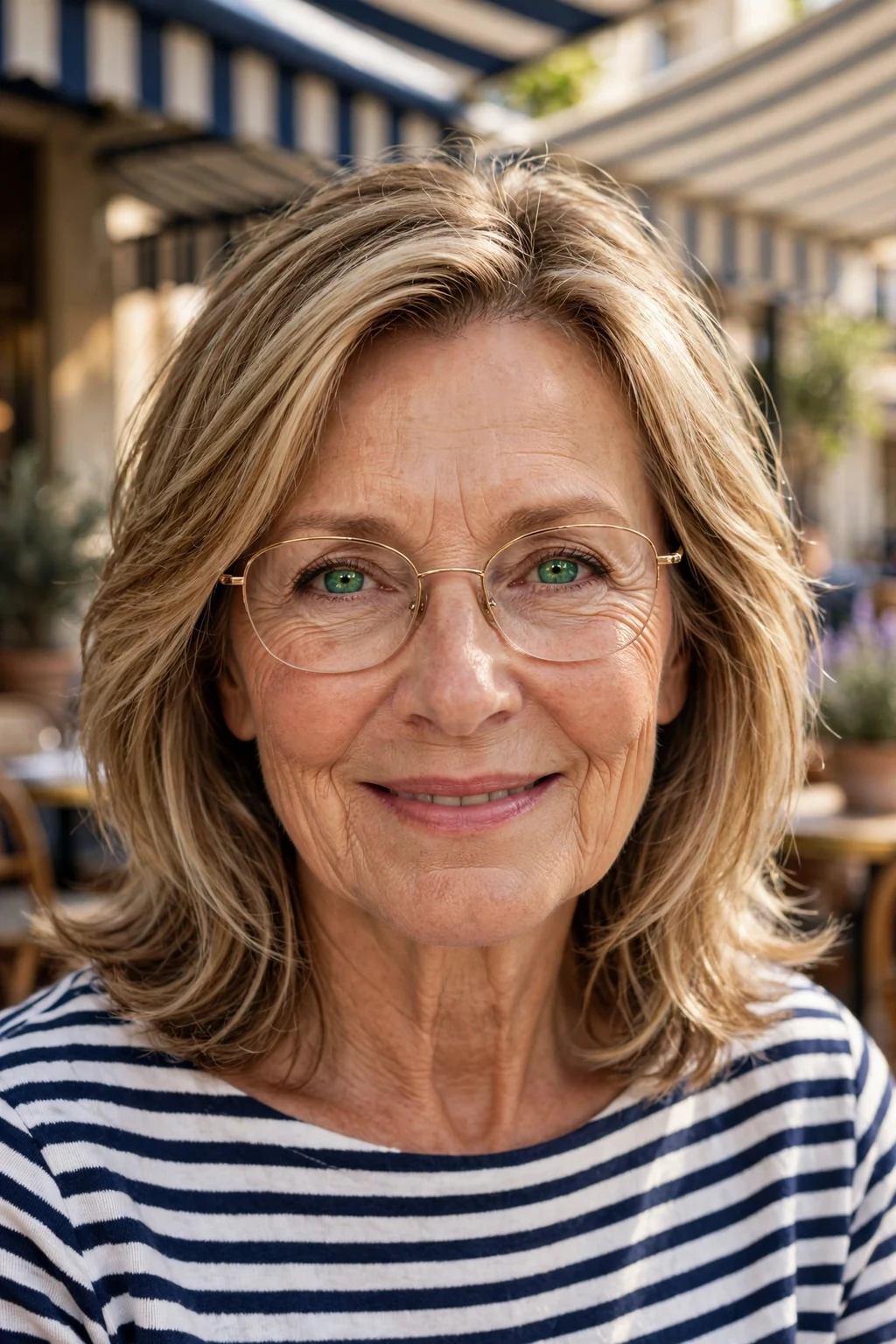 Elegant woman over 60 with fine hair and glasses and highlighted medium-length hair, dimensional radiant color, luminous light.
