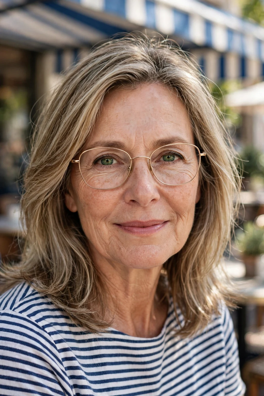 Elegant older woman with fine hair and glasses and highlighted medium-length hair, dimensional radiant color, luminous light.