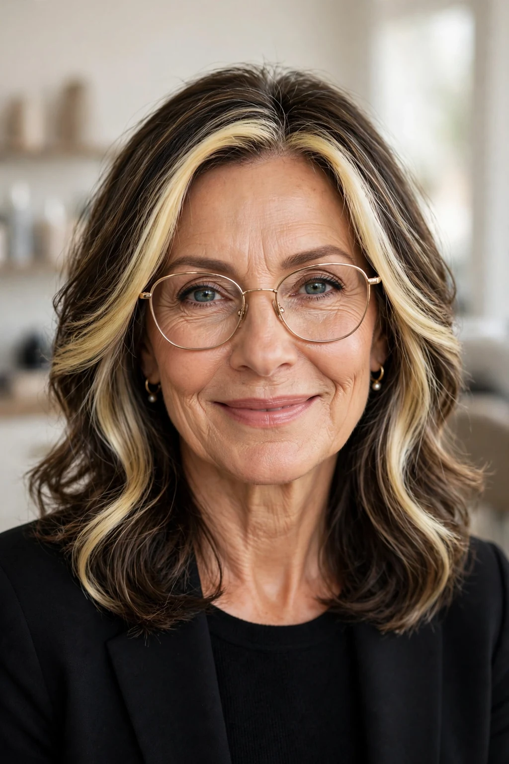 Elegant woman over 50 with glasses and medium-length hair with money piece, bright face-framing color, radiant light.