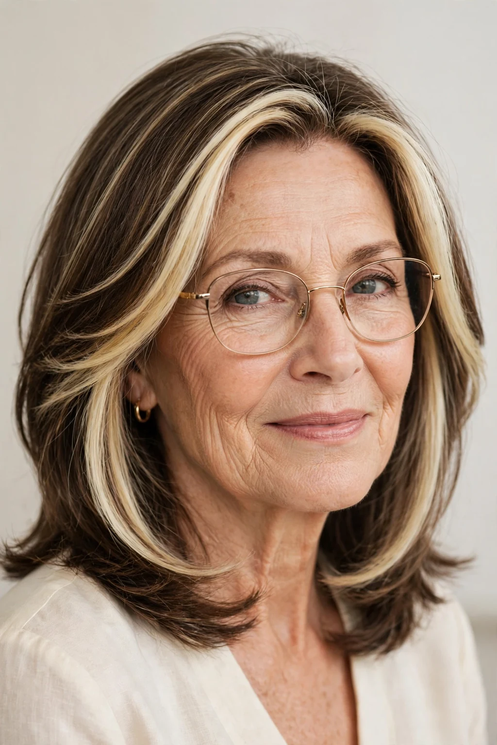Elegant woman over 60 with glasses and medium-length hair with money piece, bright face-framing color, radiant light.