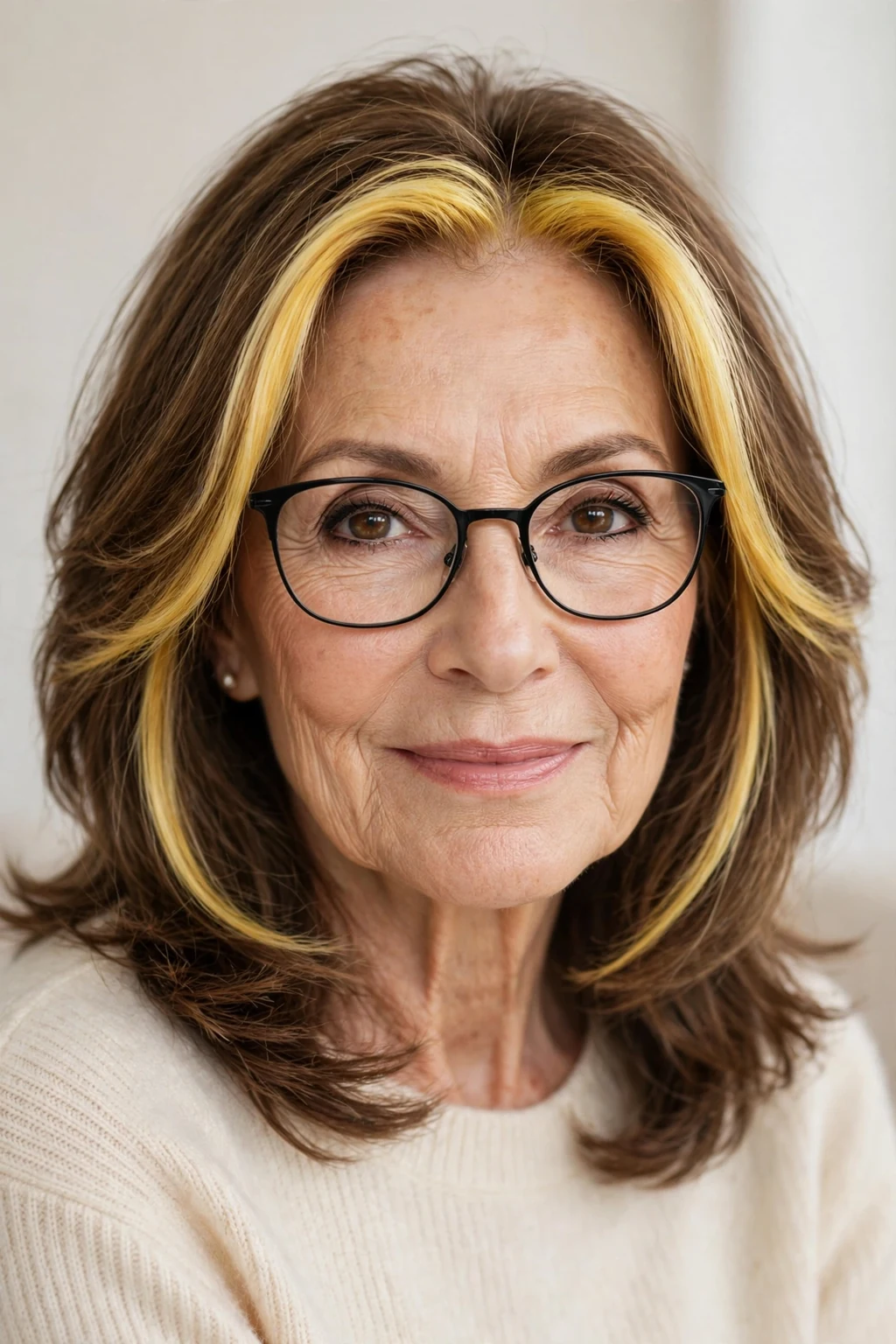 Elegant woman over 70 with glasses and medium-length hair with money piece, bright face-framing color, radiant light.