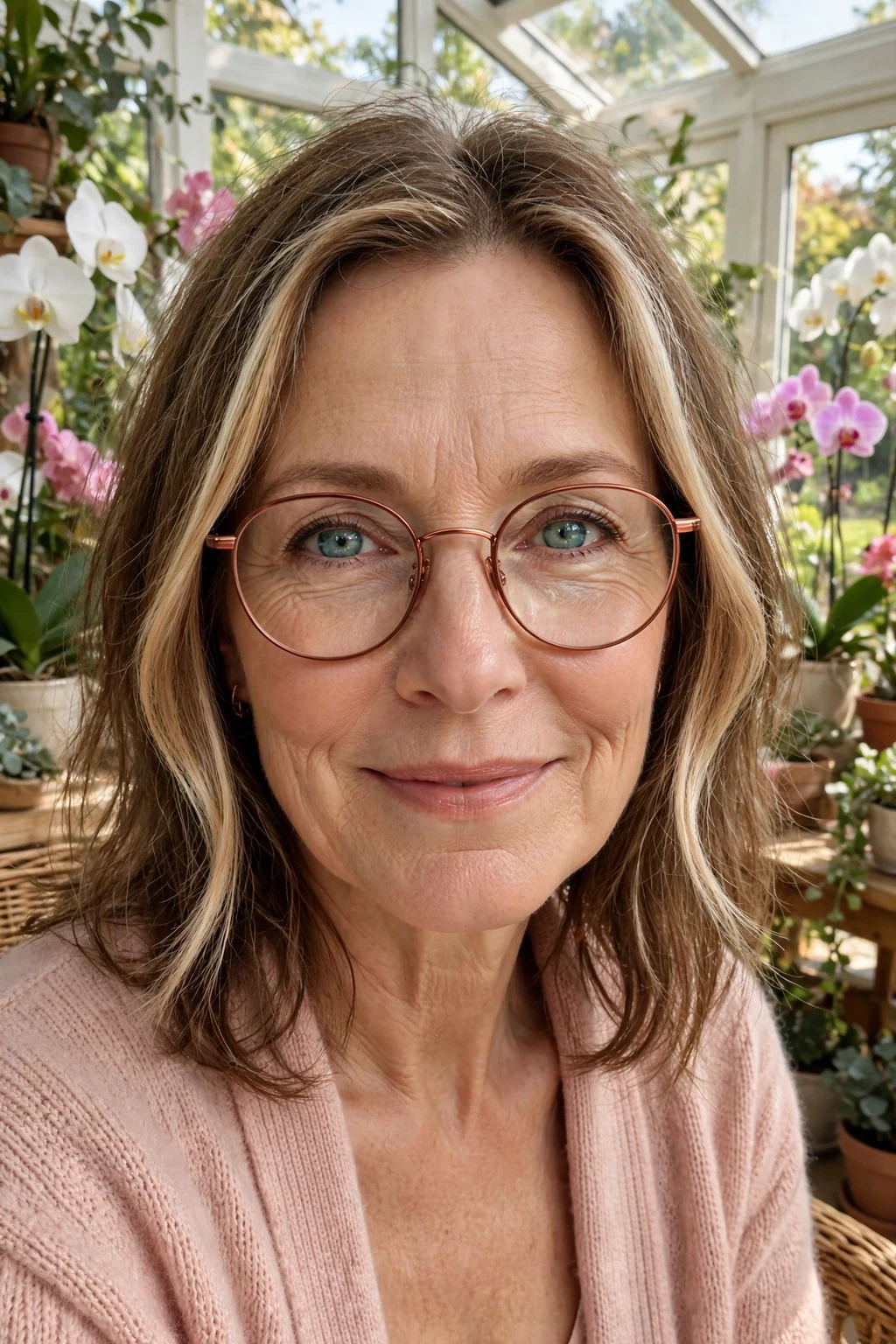 Elegant older woman over 50 with fine hair and glasses and medium-length hair with money piece, bright face-framing color, radiant light.