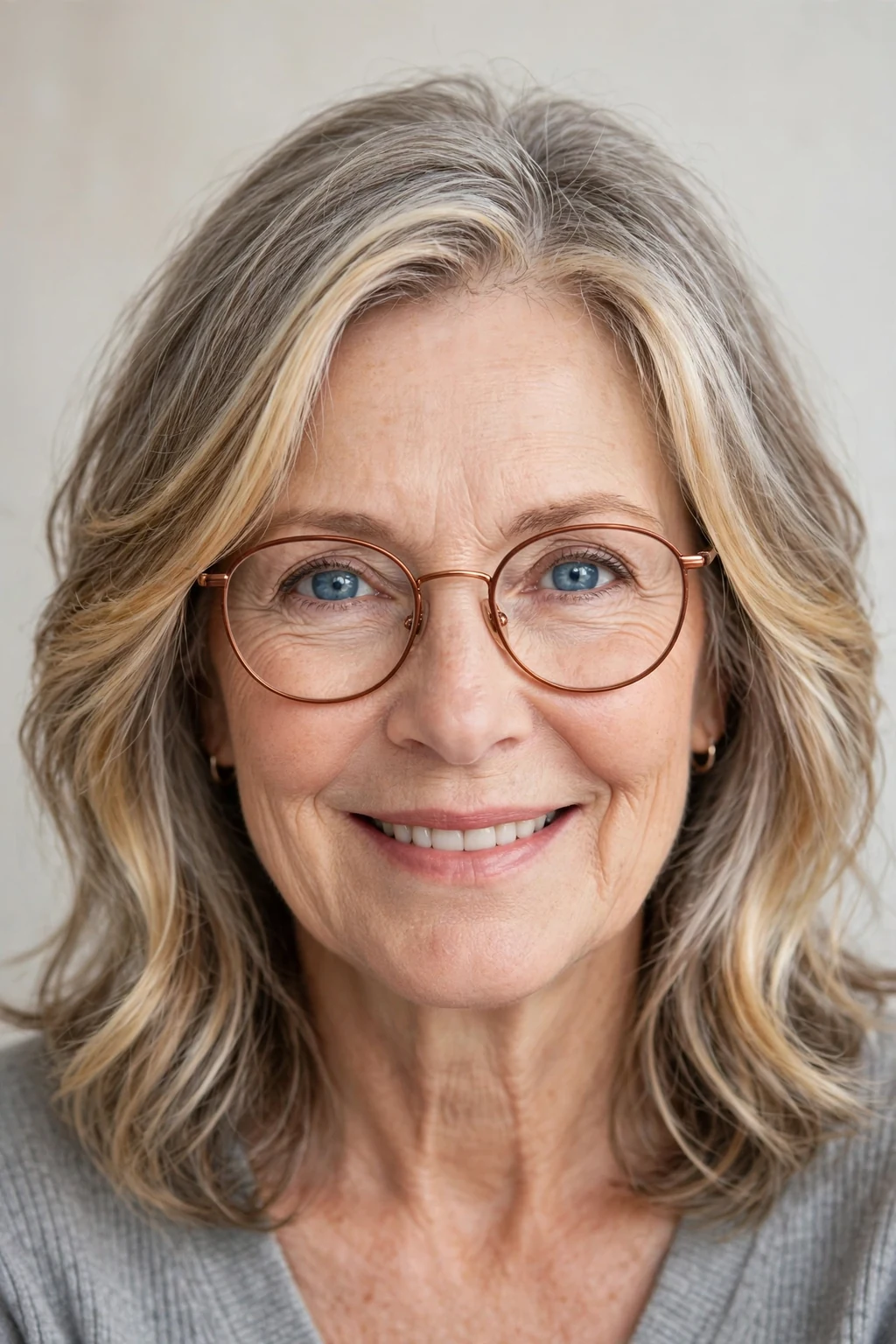 Elegant woman over 60 with fine hair and glasses and medium-length hair with money piece, bright face-framing color, radiant light.
