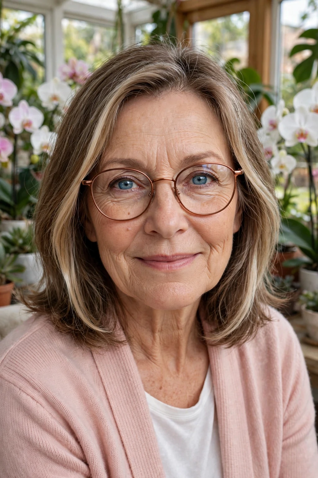 Elegant woman over 60 with fine hair and glasses and medium-length hair with money piece, bright face-framing color, radiant light.