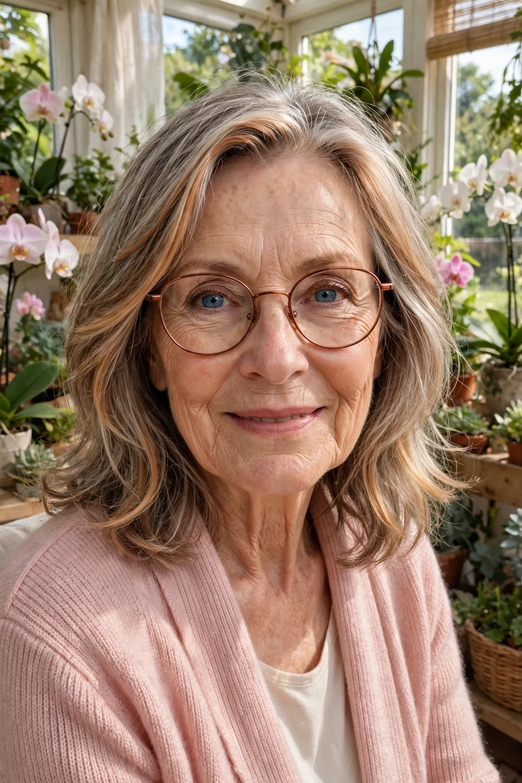 Elegant older woman over 70 with fine hair and glasses and medium-length hair with money piece, bright face-framing color, radiant light.