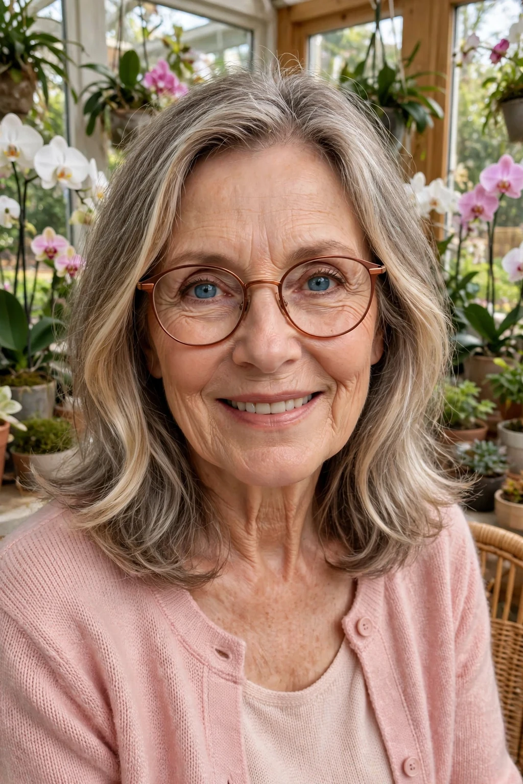 Elegant woman over 60 with fine hair and glasses and medium-length hair with money piece, bright face-framing color, radiant light.