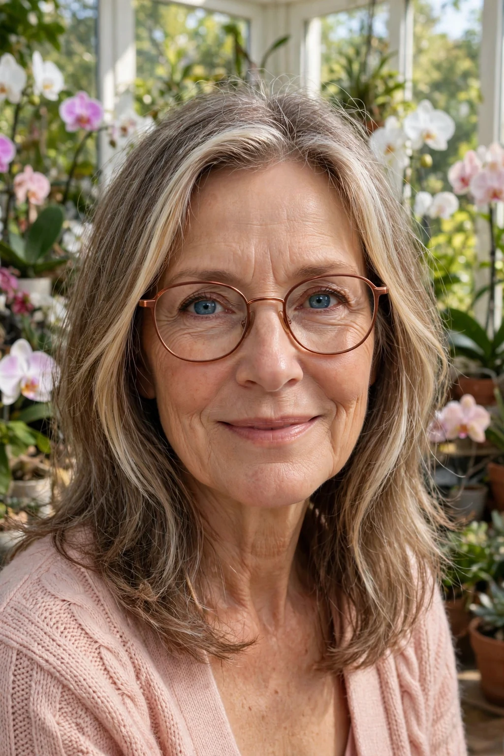 Elegant woman over 60 with fine hair and glasses and medium-length hair with money piece, bright face-framing color, radiant light.