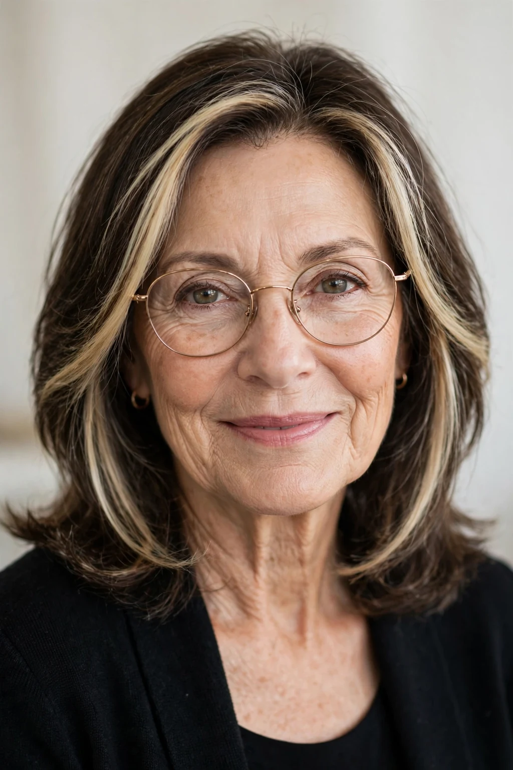 Elegant older woman with glasses and medium-length hair with money piece, bright face-framing color, radiant light.