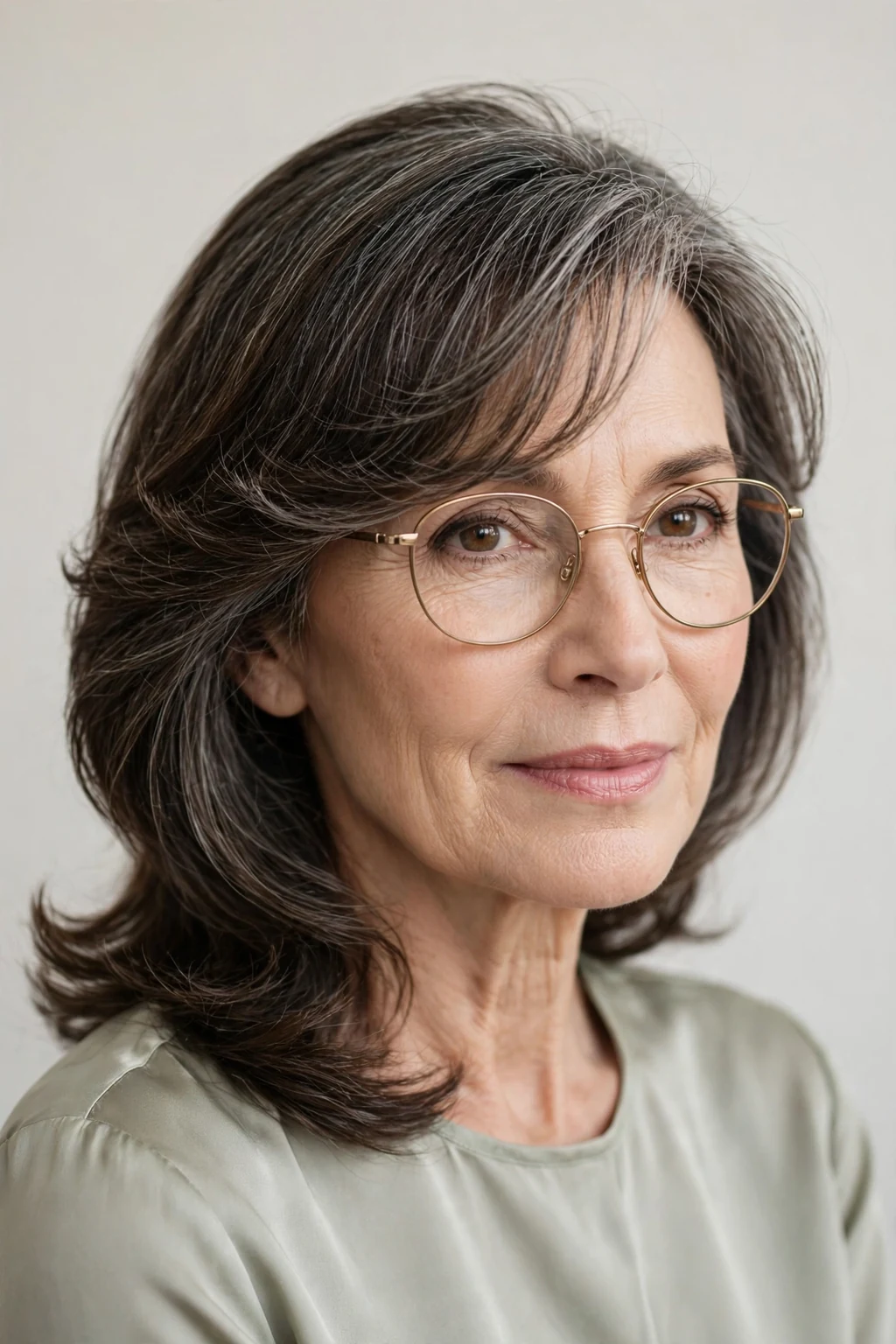 Elegant woman over 50 with glasses and medium-length hair with side sweep, graceful flowing fringe, flattering light.