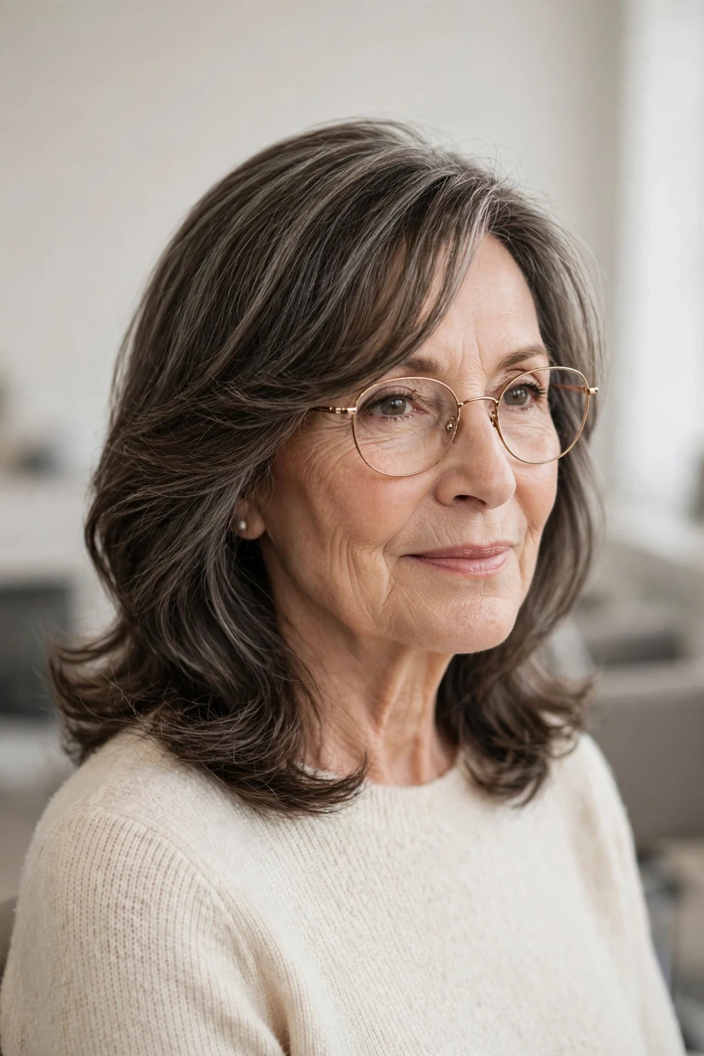 Elegant woman over 60 with glasses and medium-length hair with side sweep, graceful flowing fringe, flattering light.