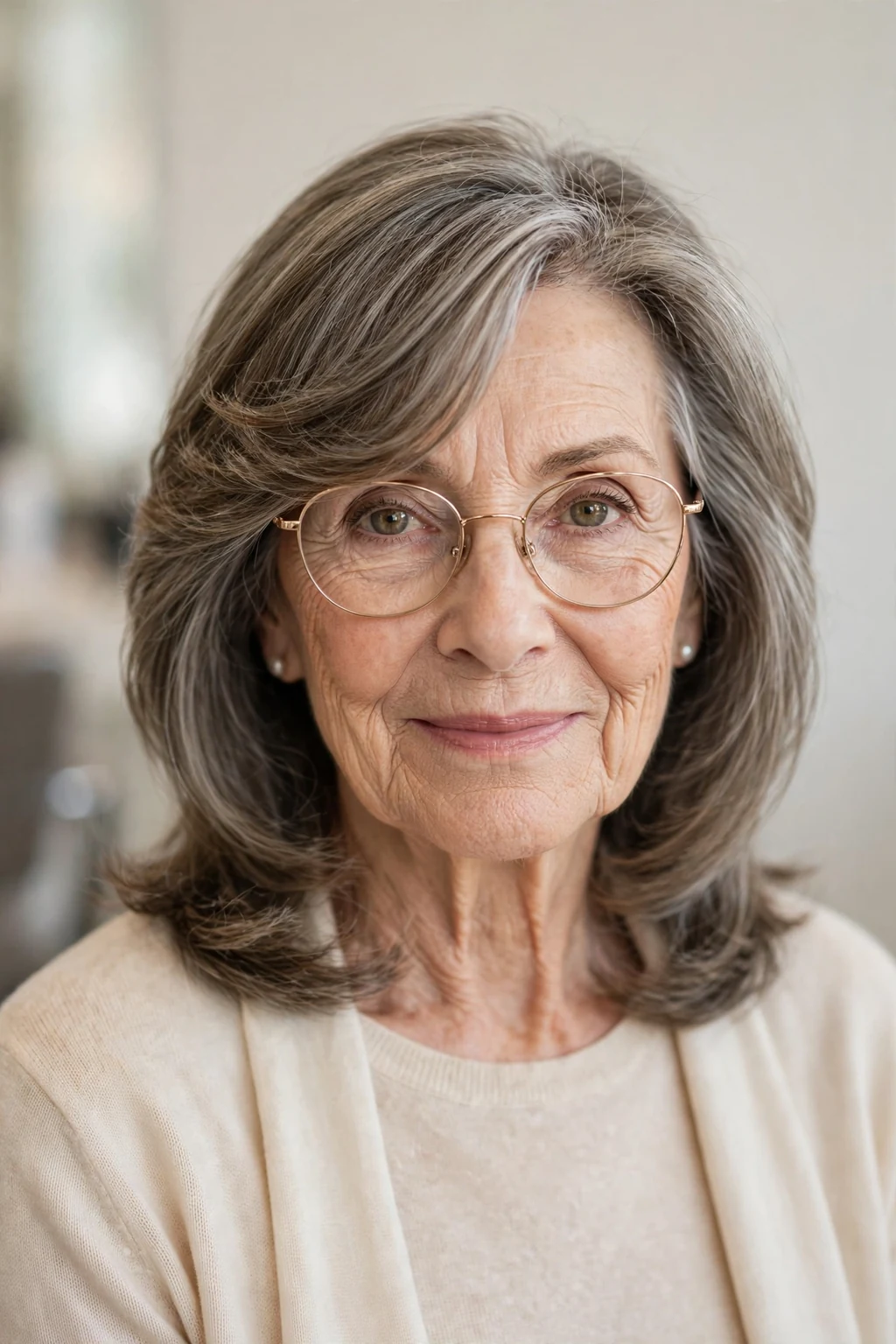Elegant woman over 70 with glasses and medium-length hair with side sweep, graceful flowing fringe, flattering light.