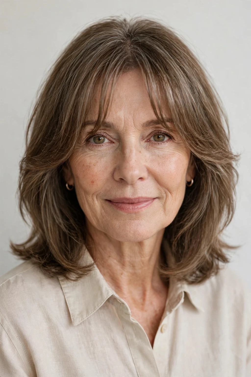 Elegant woman over 50 with soft curtain bangs, gentle parted fringe, flattering light.
