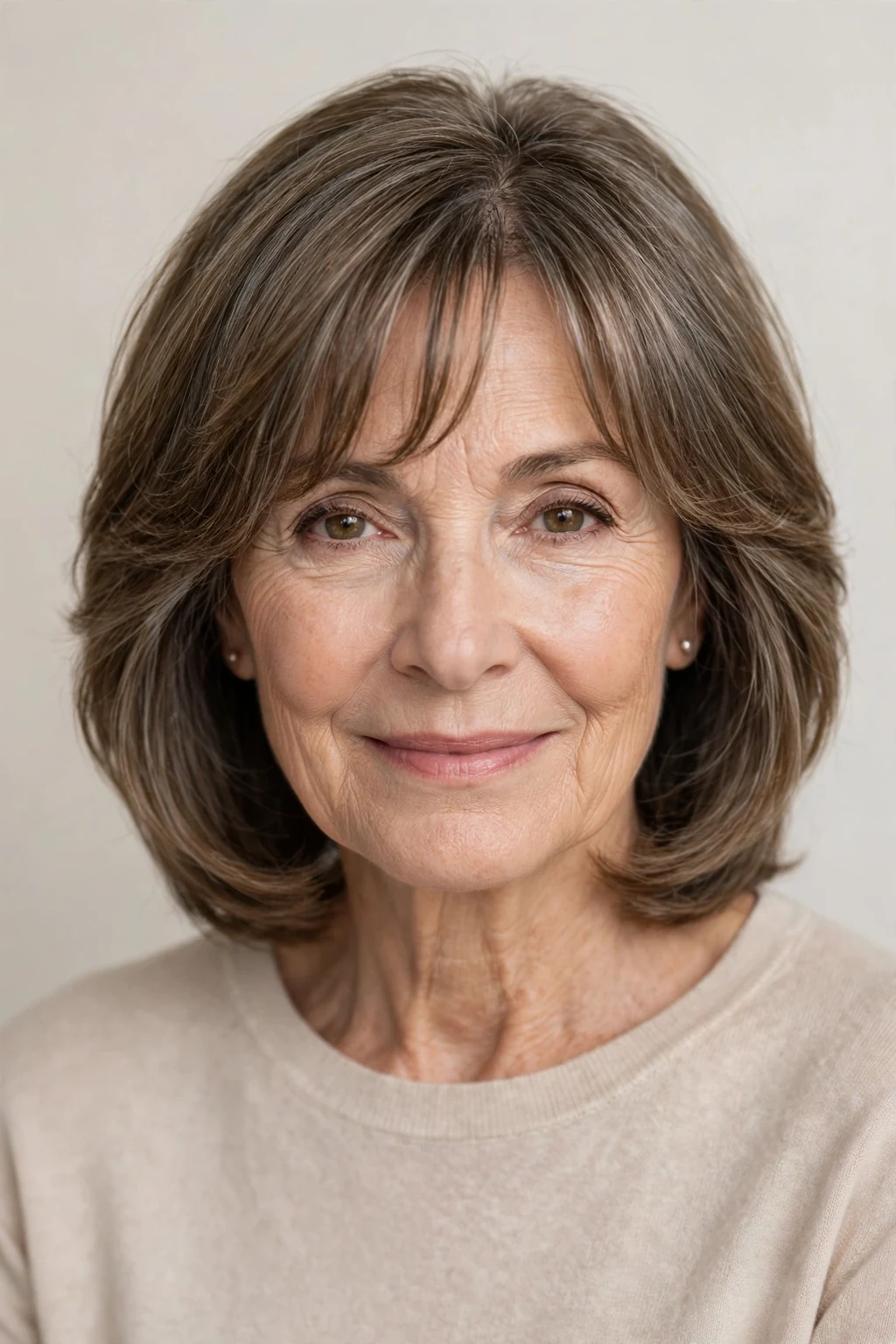 Elegant woman over 60 with soft curtain bangs, gentle parted fringe, flattering light.