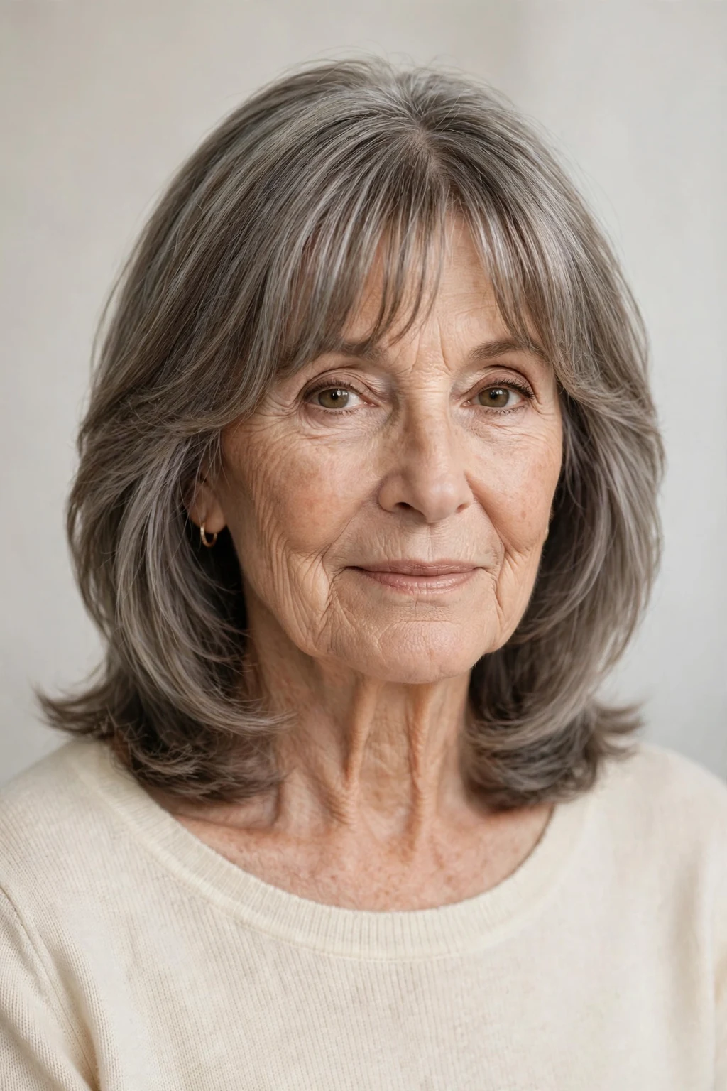 Elegant woman over 70 with soft curtain bangs, gentle parted fringe, flattering light.