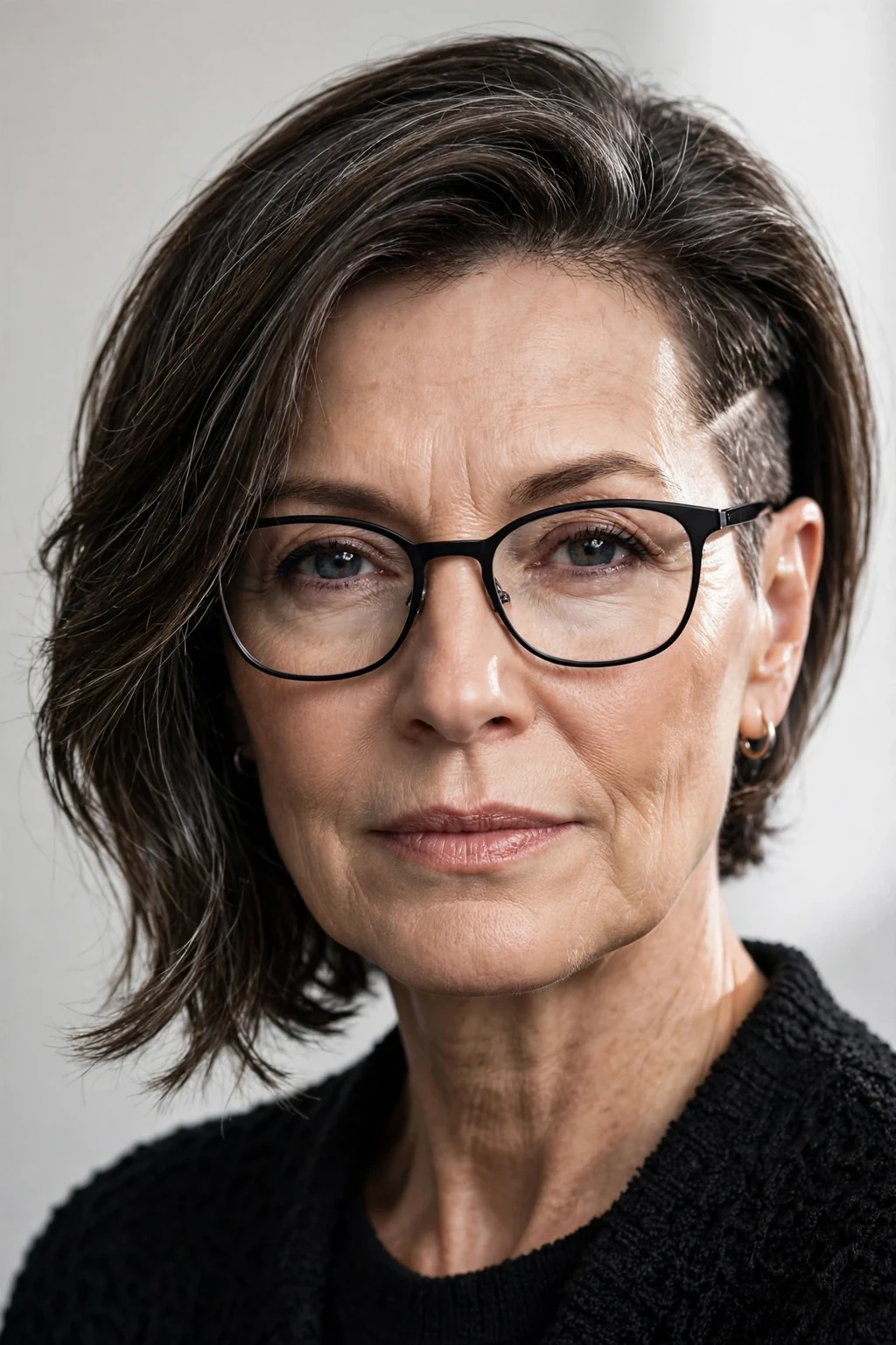 Elegant woman over 50 with glasses and medium-length hair with undercut, modern edgy detail, bold light.