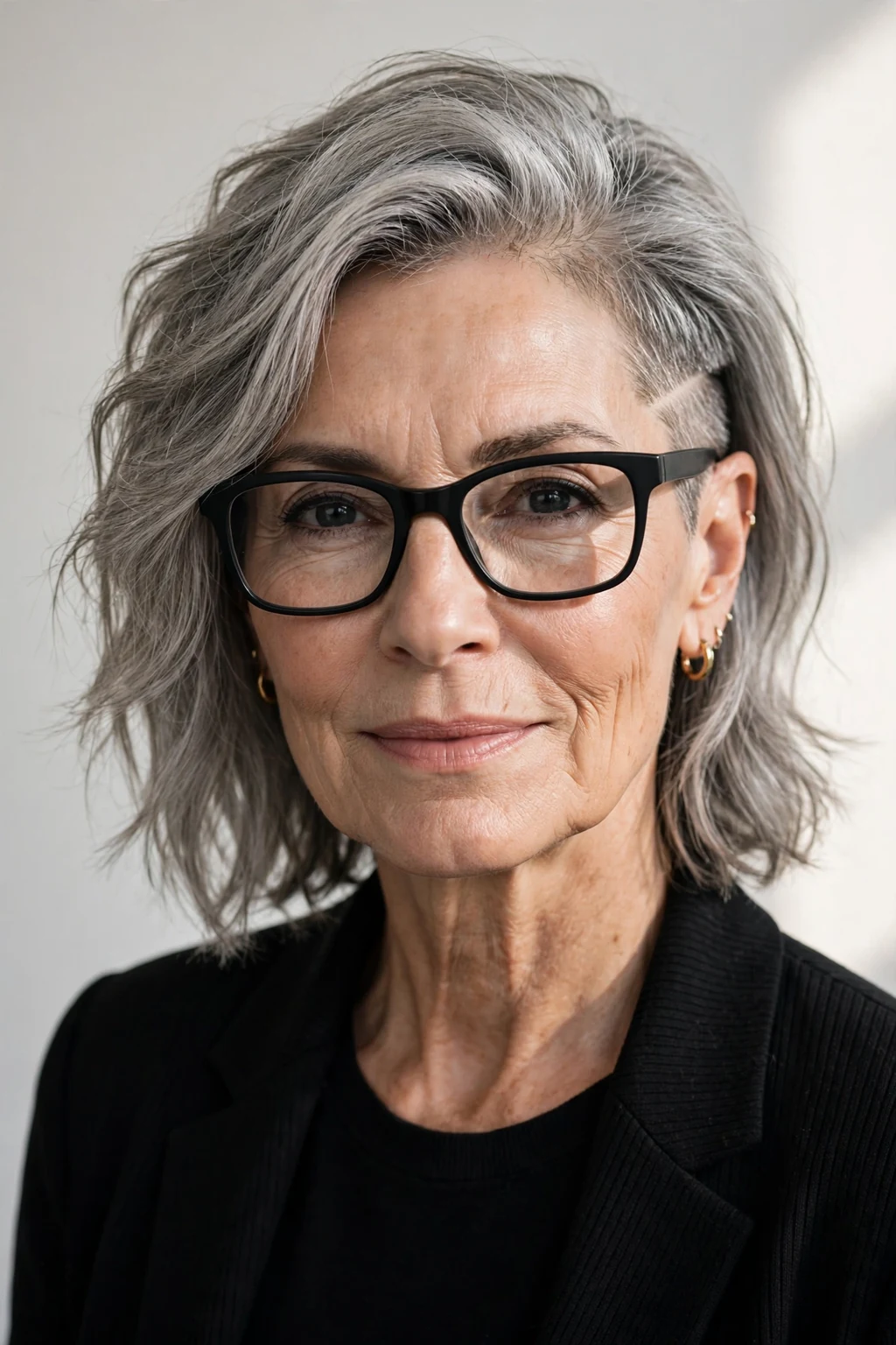 Elegant woman over 60 with glasses and medium-length hair with undercut, modern edgy detail, bold light.