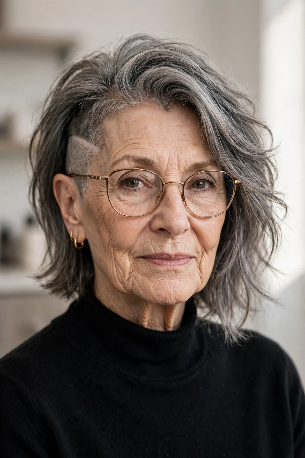 Elegant woman over 70 with glasses and medium-length hair with undercut, modern edgy detail, bold light.