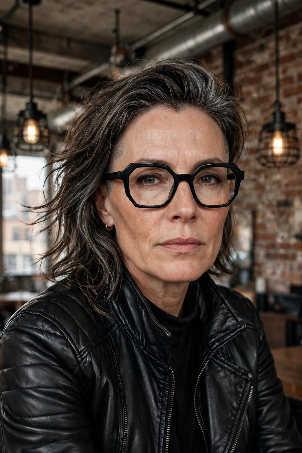 Elegant older woman over 50 with fine hair and glasses and medium-length hair with undercut, modern edgy detail, bold light.
