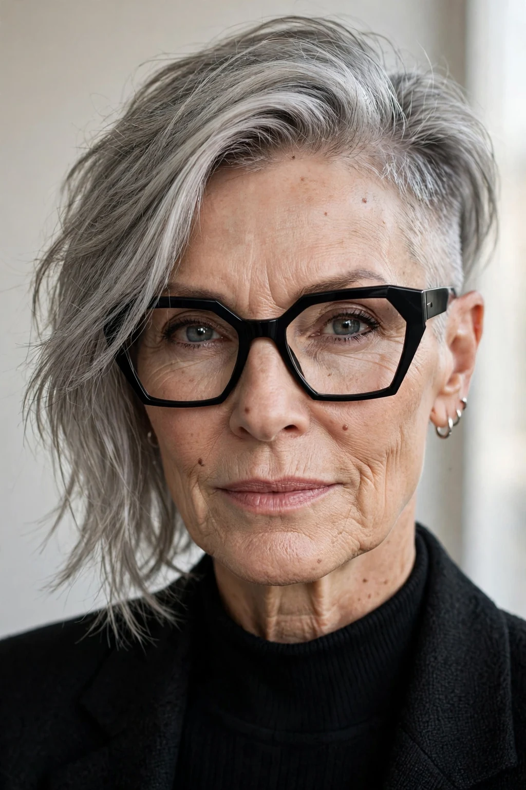 Elegant woman over 60 with fine hair and glasses and medium-length hair with undercut, modern edgy detail, bold light.