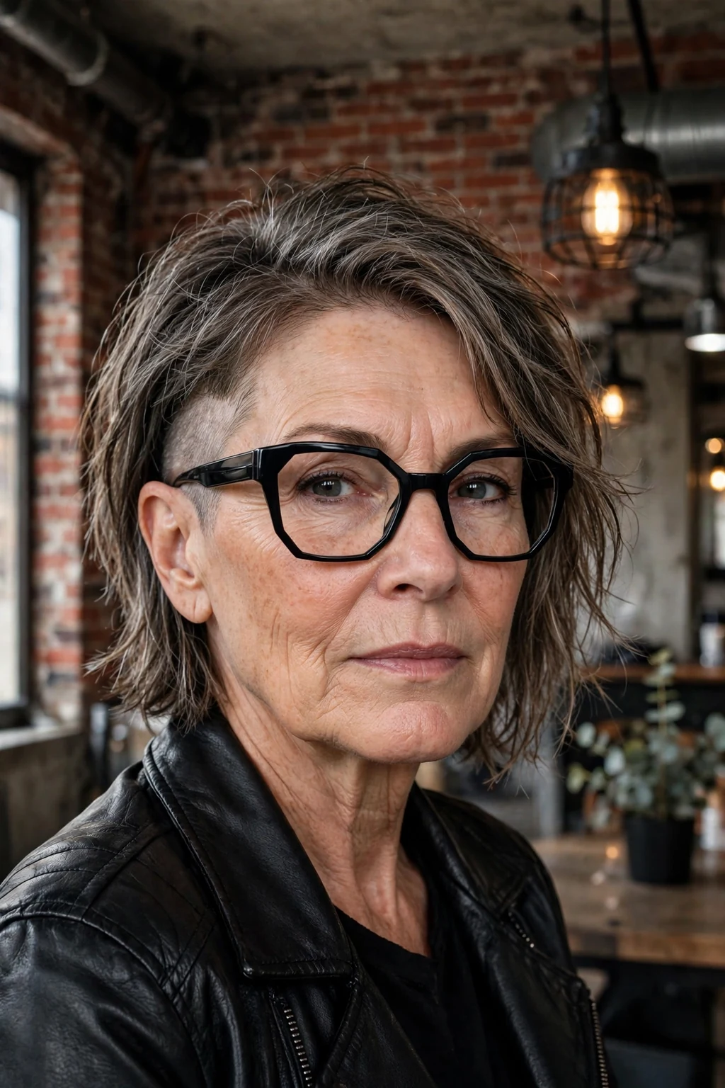 Elegant woman over 60 with fine hair and glasses and medium-length hair with undercut, modern edgy detail, bold light.