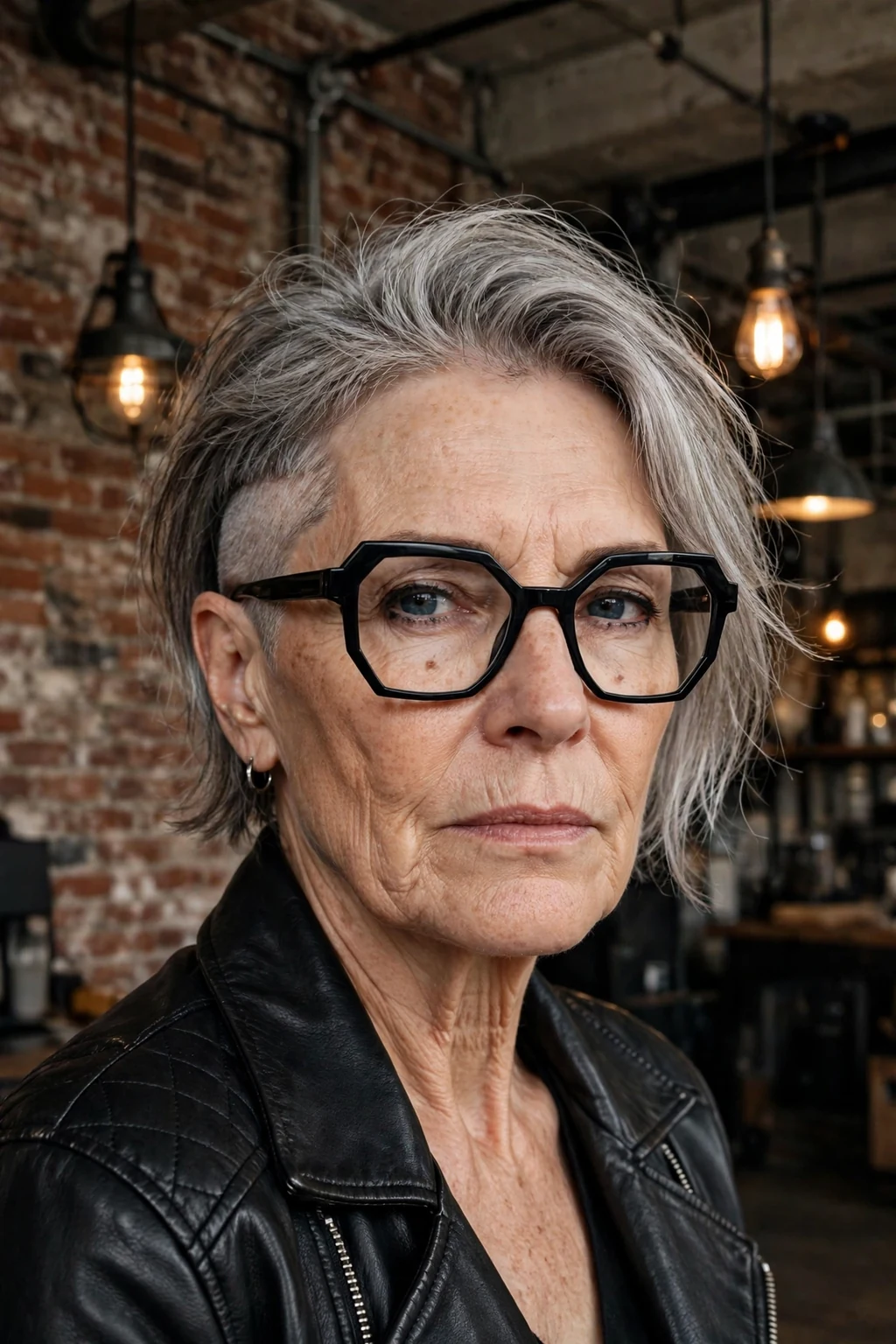 Elegant older woman with fine hair and glasses and medium-length hair with undercut, modern edgy detail, bold light.