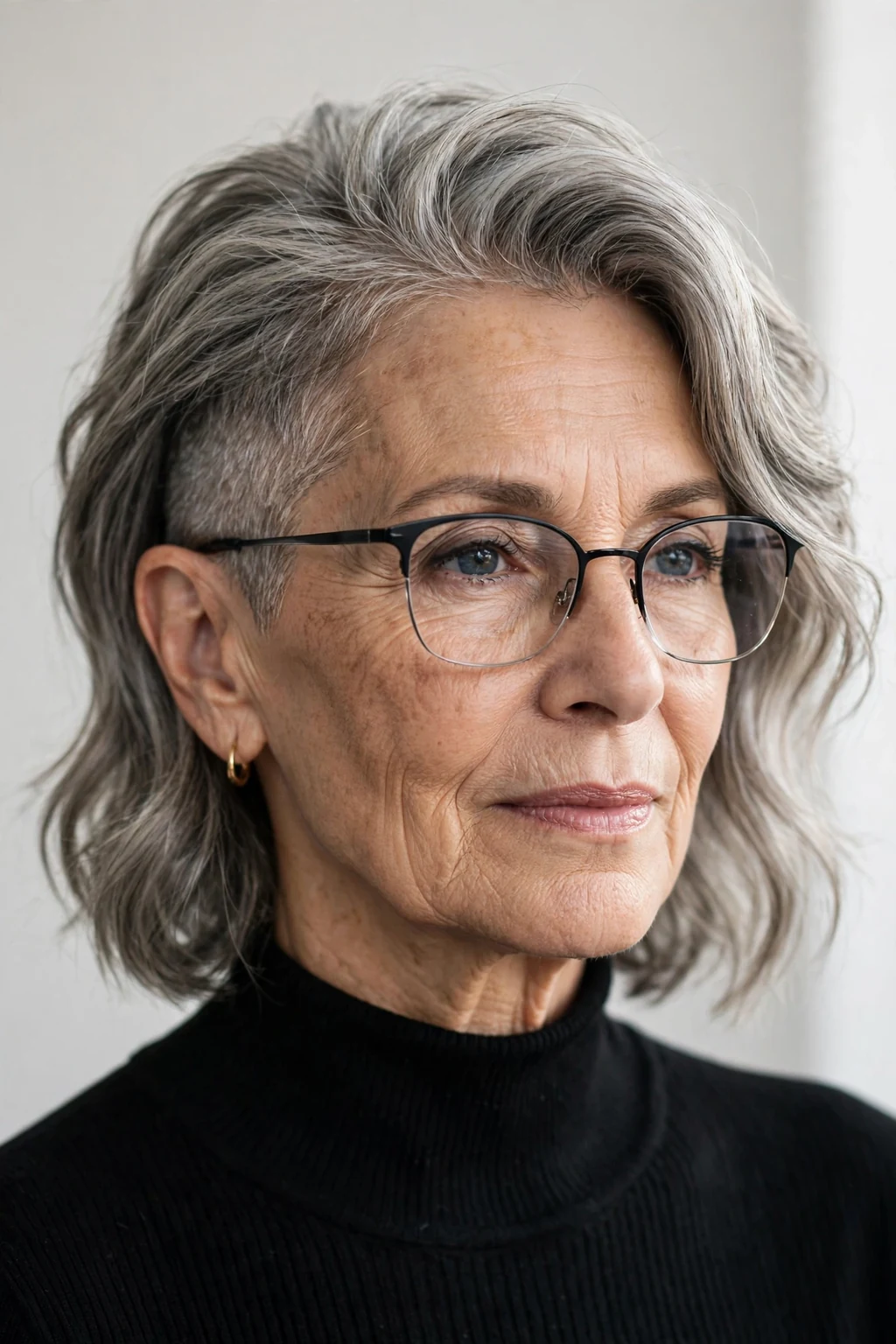 Elegant older woman with glasses and medium-length hair with undercut, modern edgy detail, bold light.