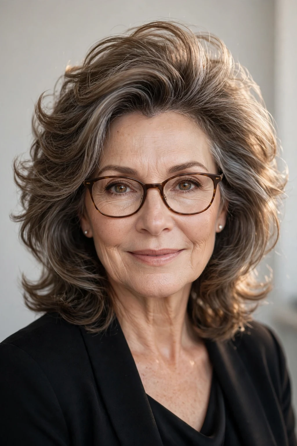 Elegant woman over 50 with glasses and medium-length hair with volume crown, lifted soft top, glamorous light.