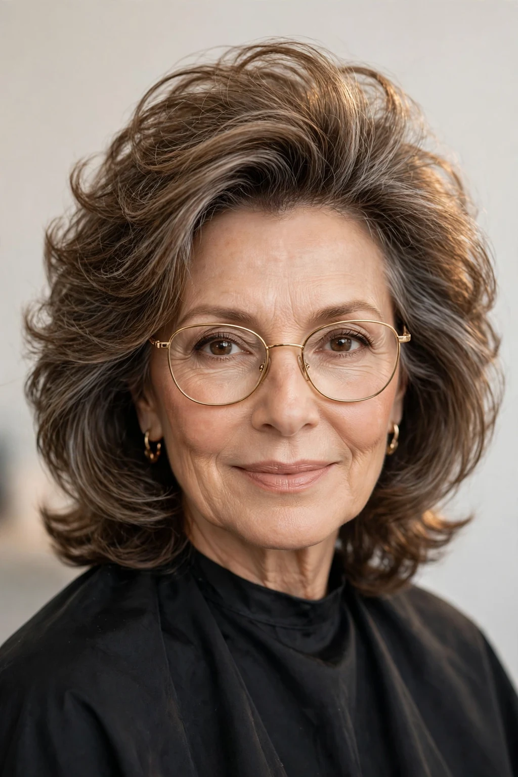 Elegant woman over 60 with glasses and medium-length hair with volume crown, lifted soft top, glamorous light.