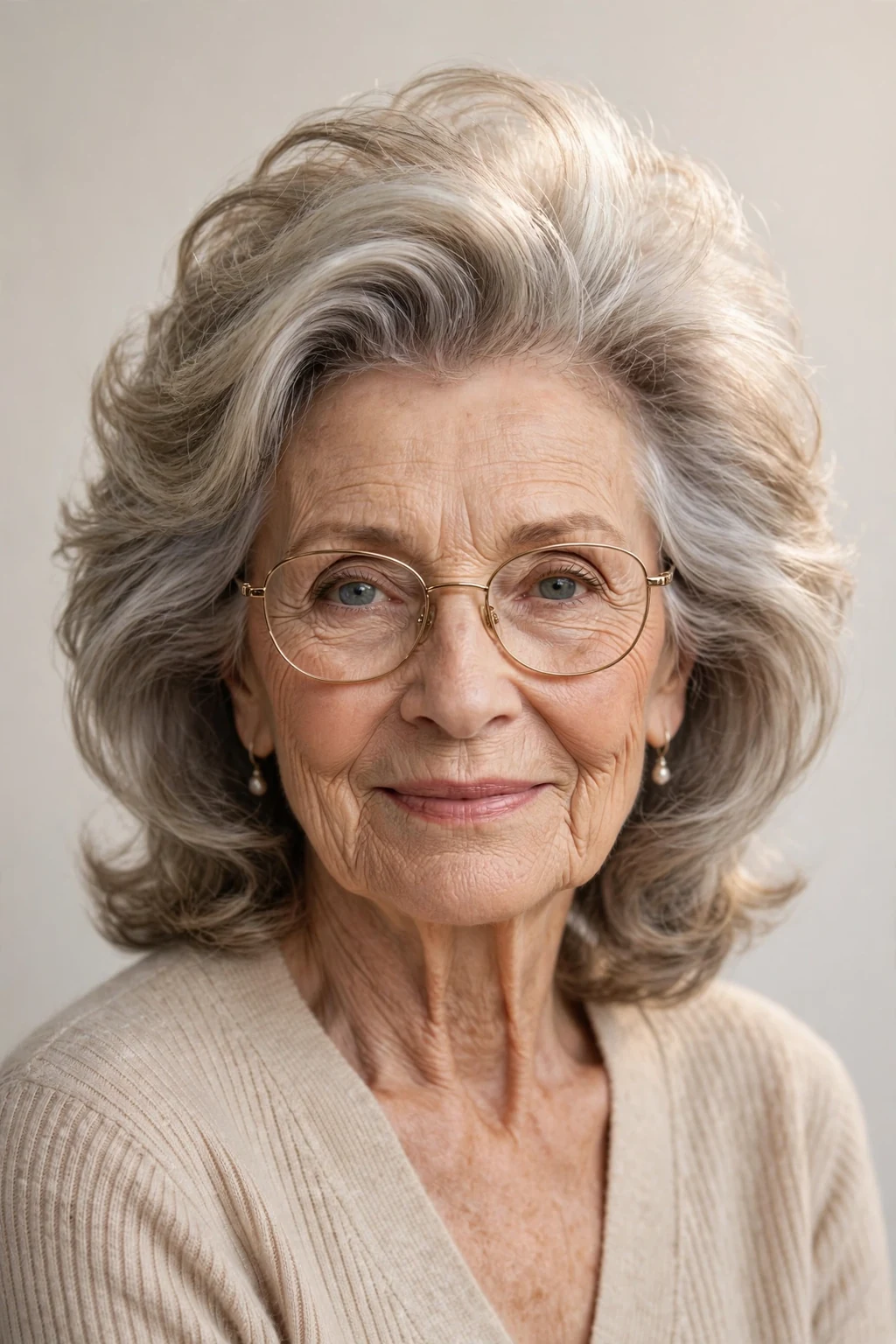 Elegant woman over 70 with glasses and medium-length hair with volume crown, lifted soft top, glamorous light.