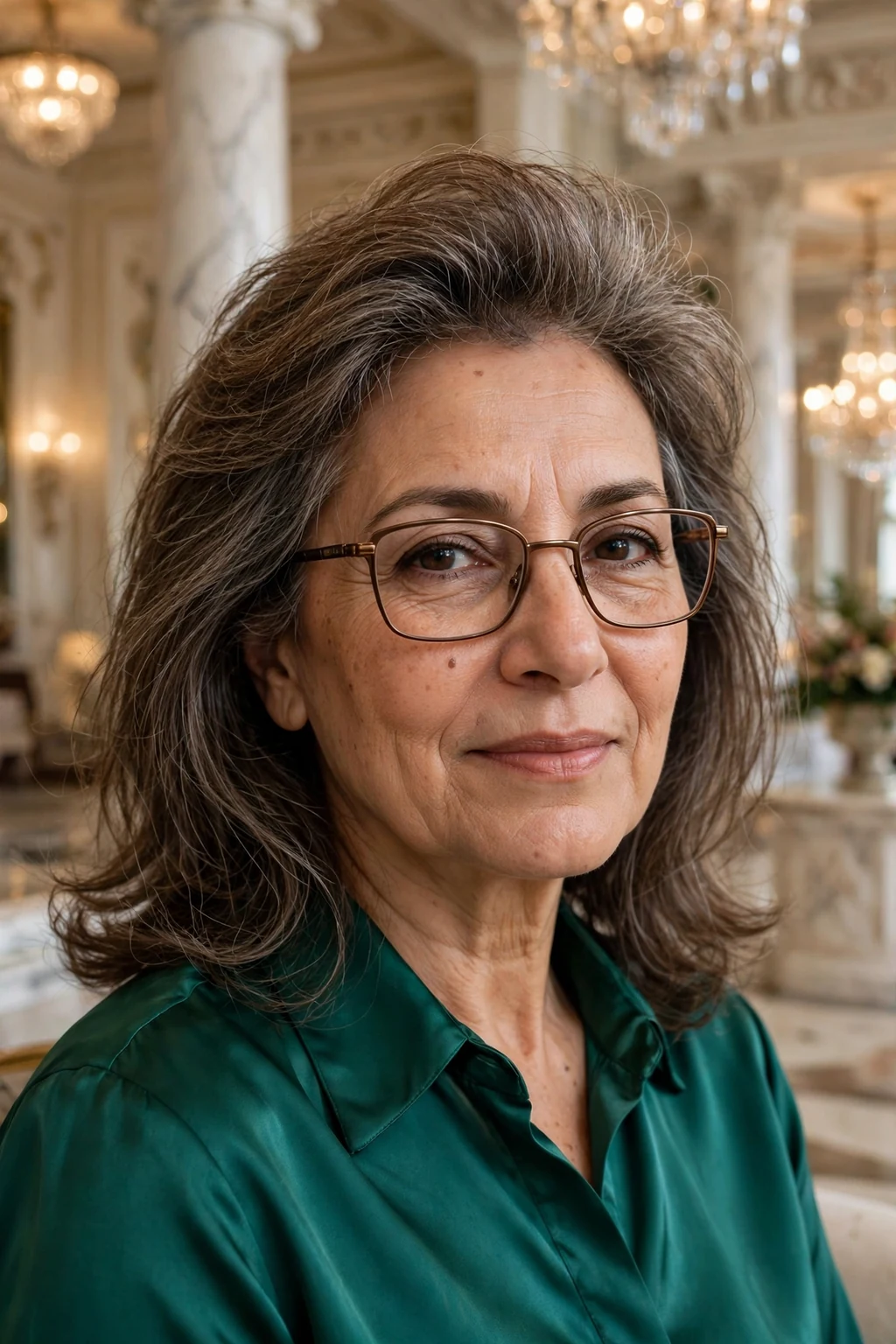 Elegant older woman over 50 with fine hair and glasses and medium-length hair with volume crown, lifted soft top, glamorous light.