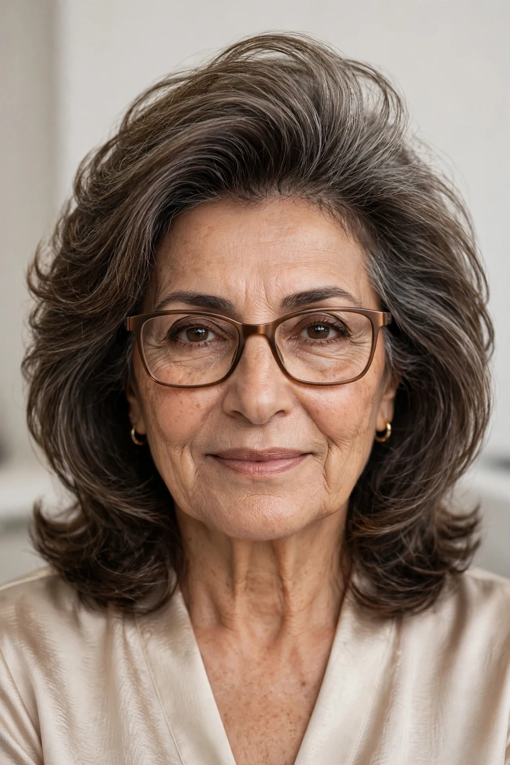 Elegant woman over 60 with fine hair and glasses and medium-length hair with volume crown, lifted soft top, glamorous light.