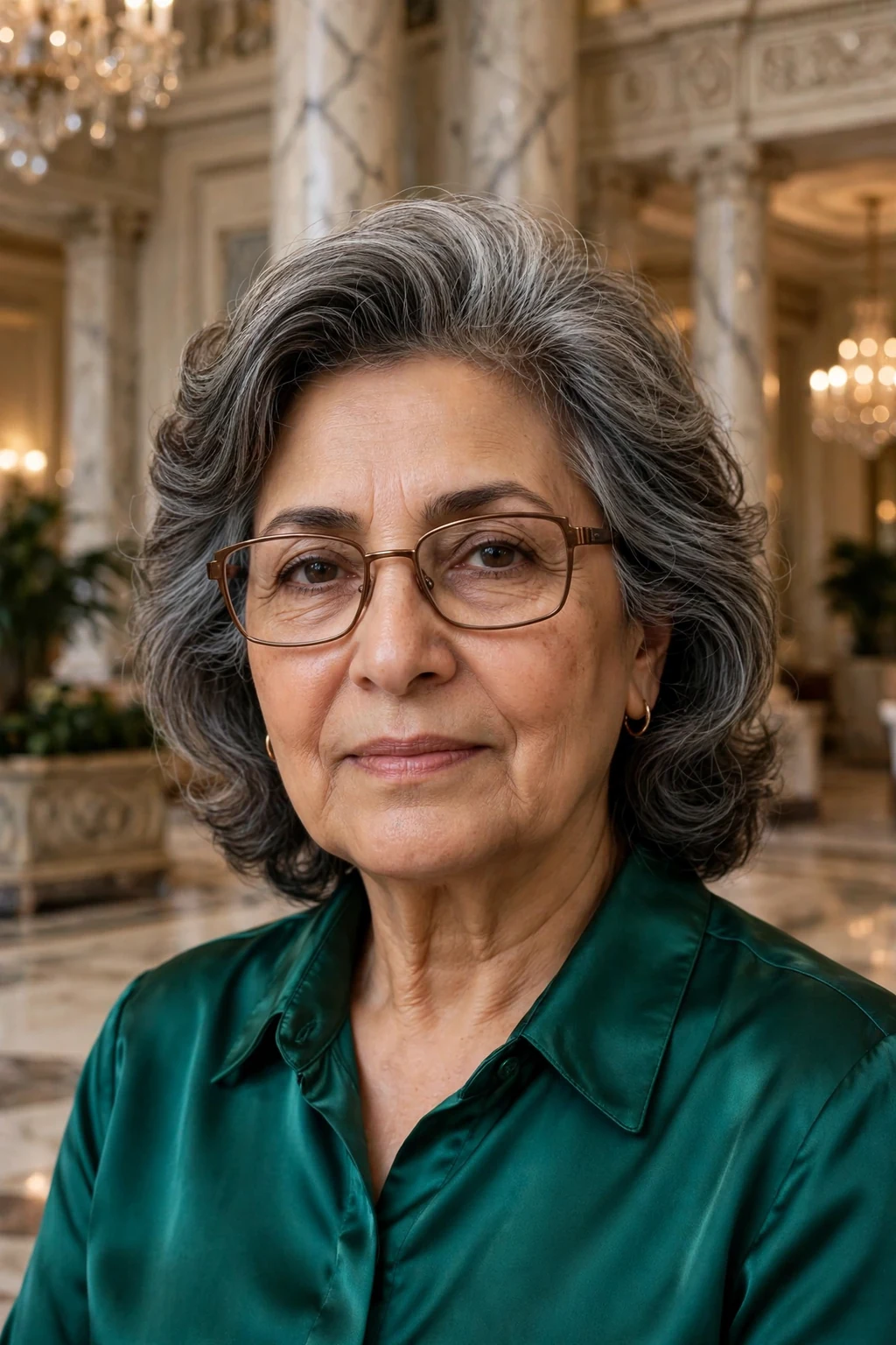 Elegant woman over 60 with fine hair and glasses and medium-length hair with volume crown, lifted soft top, glamorous light.