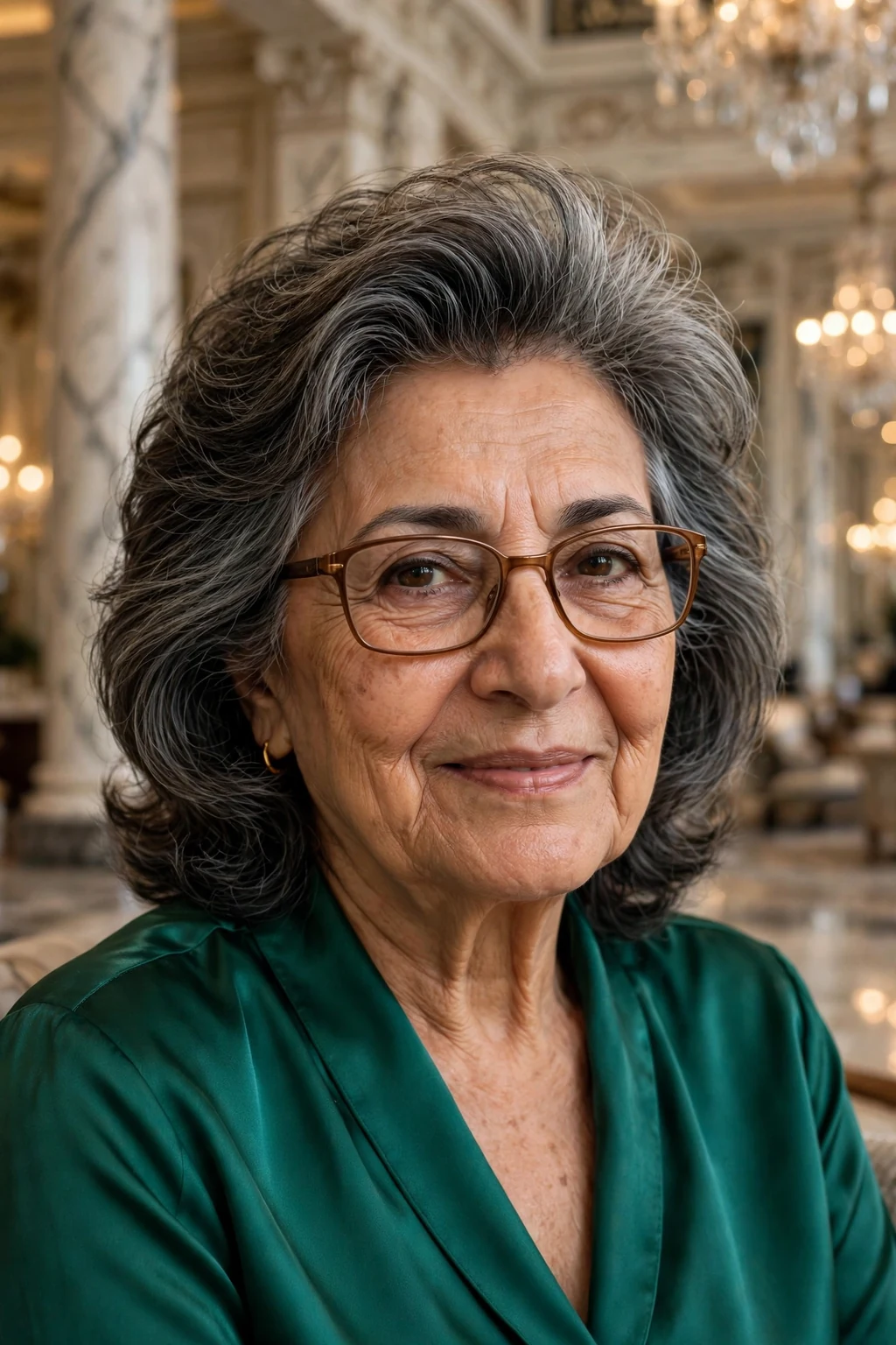 Elegant older woman over 70 with fine hair and glasses and medium-length hair with volume crown, lifted soft top, glamorous light.