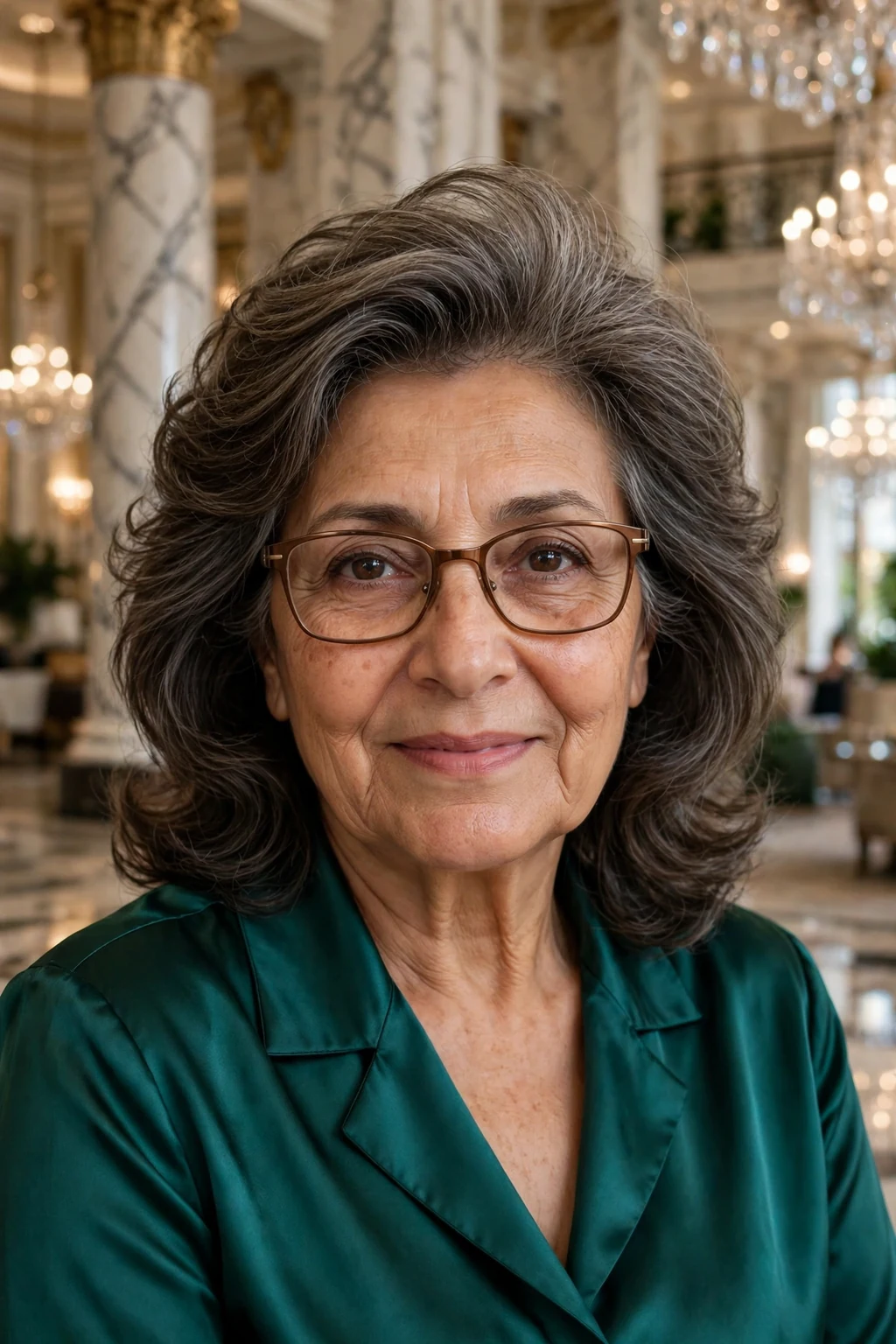 Elegant woman over 60 with fine hair and glasses and medium-length hair with volume crown, lifted soft top, glamorous light.