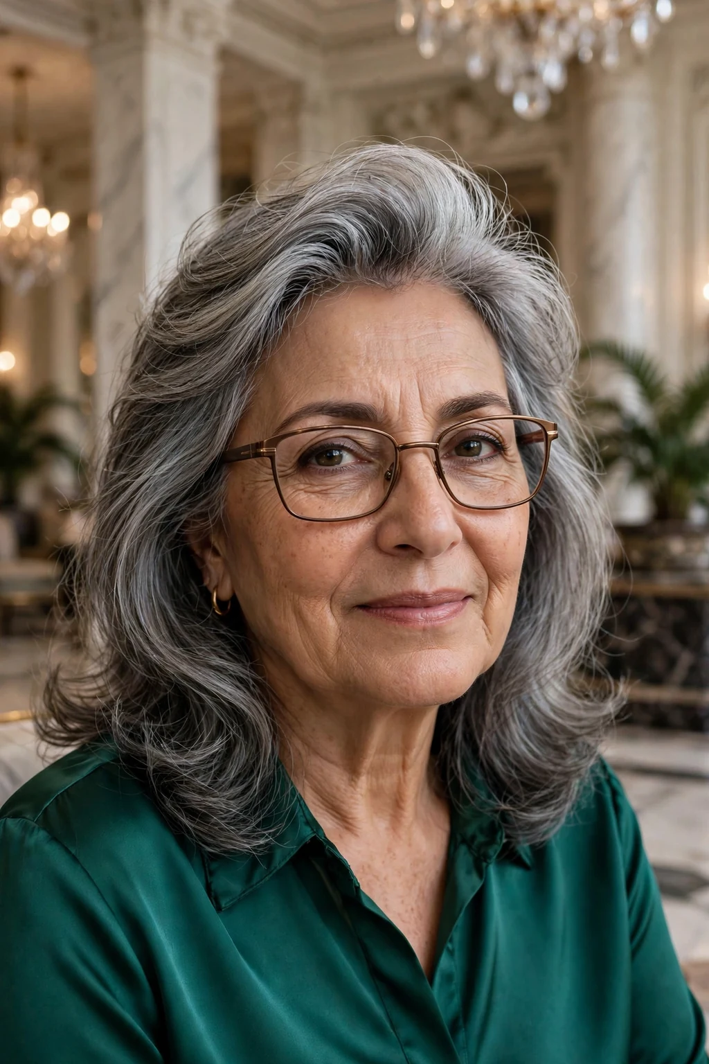 Elegant woman over 60 with fine hair and glasses and medium-length hair with volume crown, lifted soft top, glamorous light.