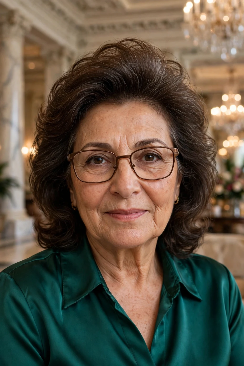 Elegant older woman with fine hair and glasses and medium-length hair with volume crown, lifted soft top, glamorous light.