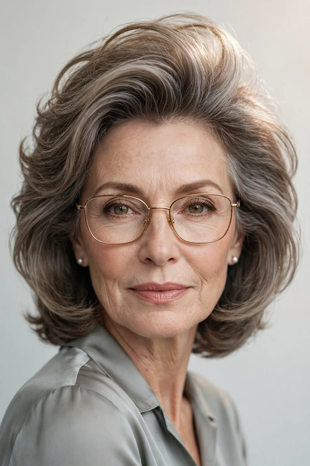 Elegant older woman with glasses and medium-length hair with volume crown, lifted soft top, glamorous light.