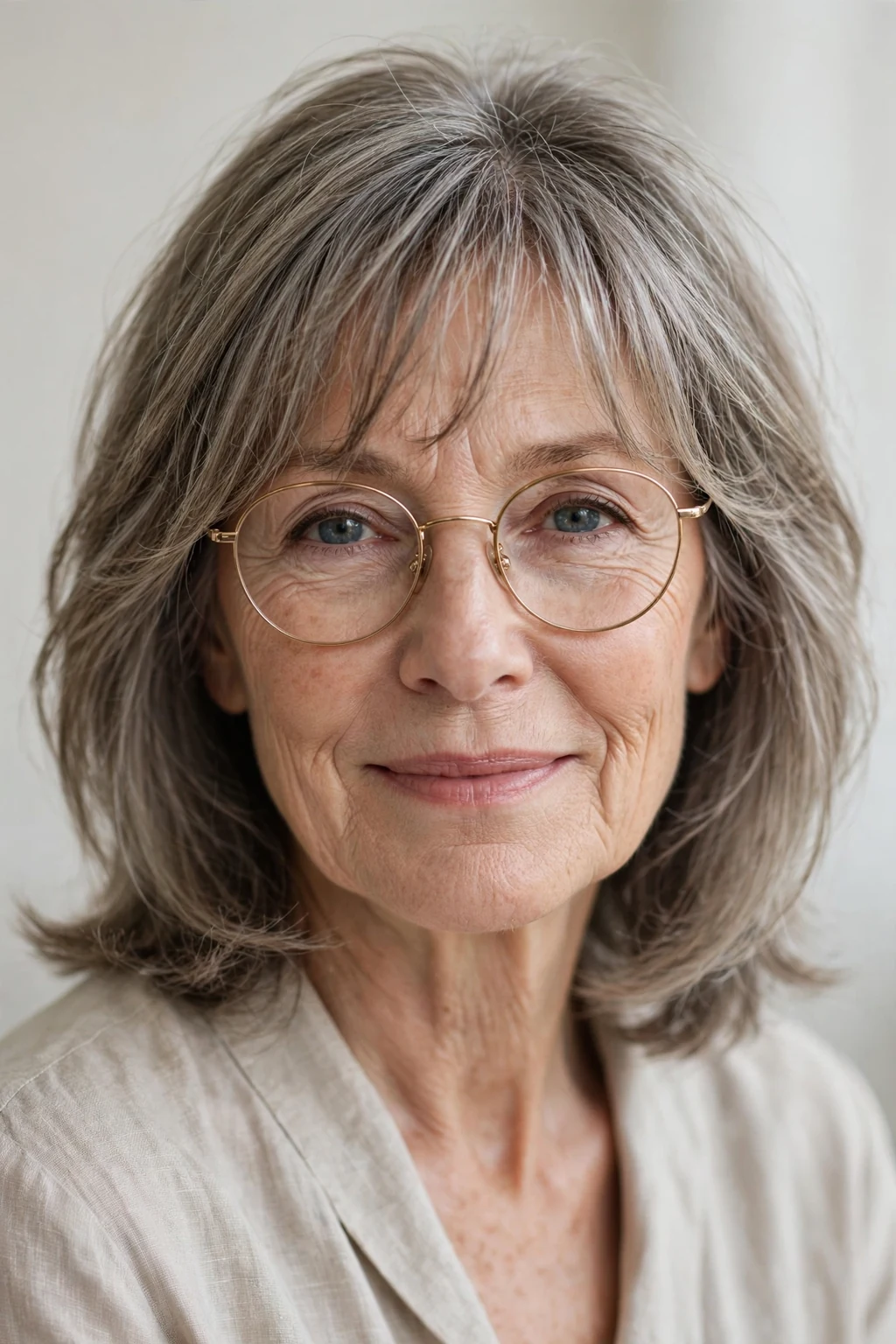 Elegant woman over 60 with glasses and medium-length hair with wispy fringe, delicate airy bangs, gentle light.