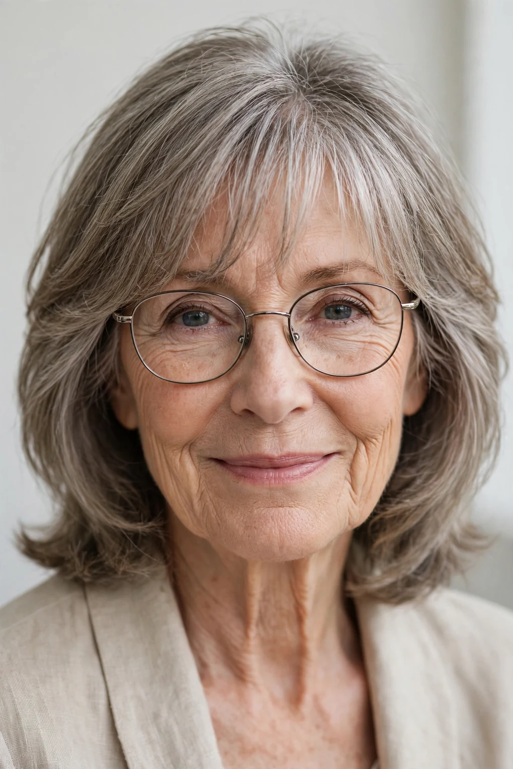 Elegant woman over 70 with glasses and medium-length hair with wispy fringe, delicate airy bangs, gentle light.