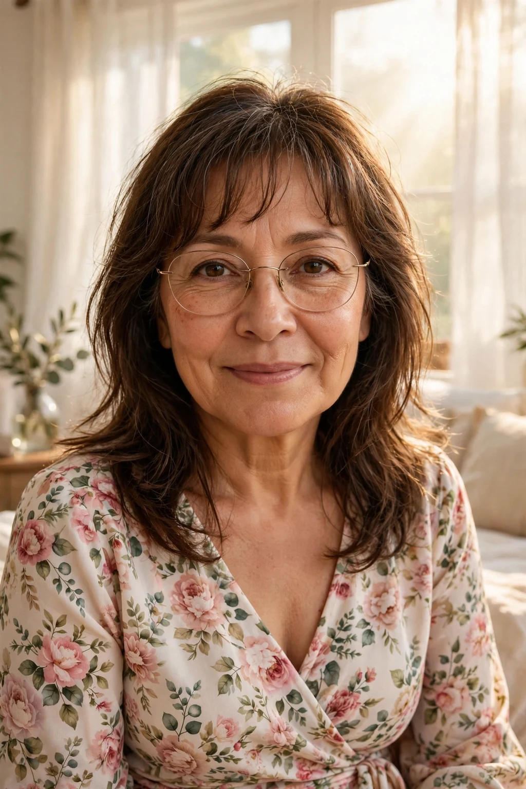 Elegant older woman over 50 with fine hair and glasses and medium-length hair with wispy fringe, delicate airy bangs, gentle light.