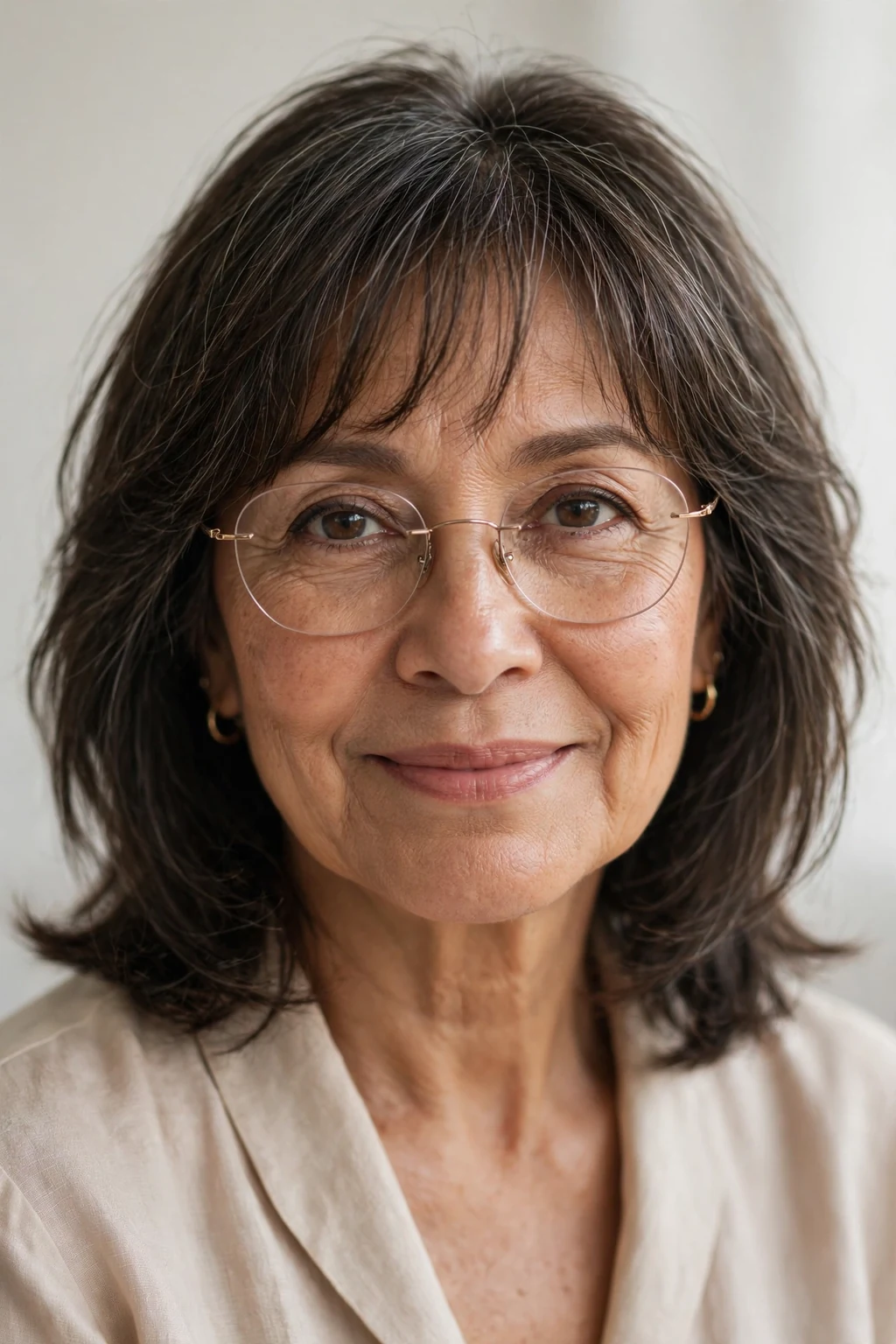 Elegant woman over 60 with fine hair and glasses and medium-length hair with wispy fringe, delicate airy bangs, gentle light.