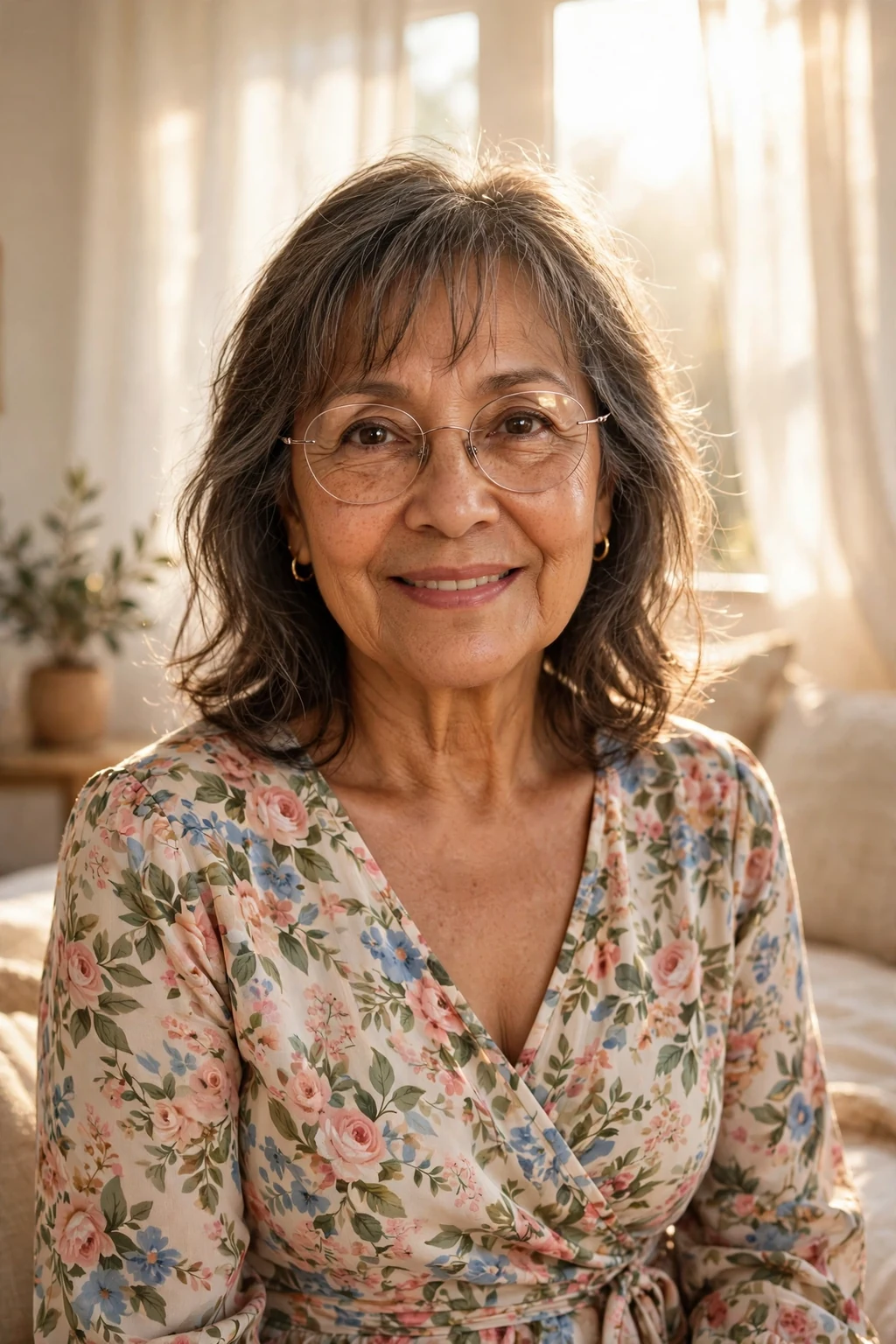 Elegant woman over 60 with fine hair and glasses and medium-length hair with wispy fringe, delicate airy bangs, gentle light.