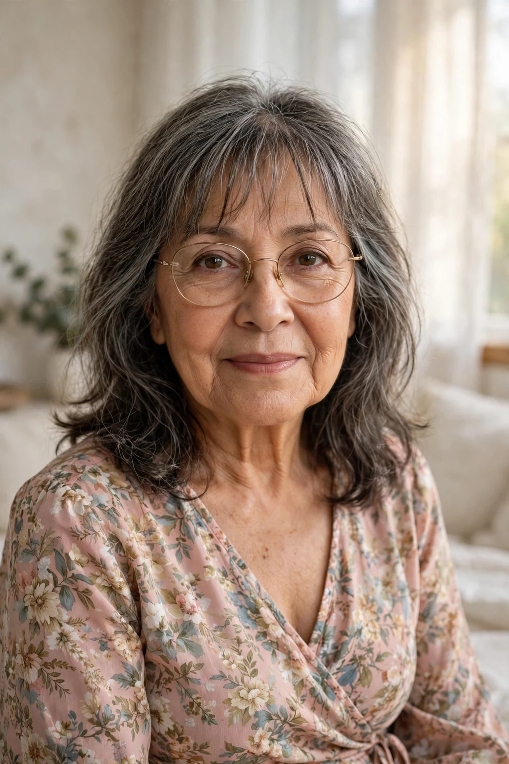 Elegant older woman over 70 with fine hair and glasses and medium-length hair with wispy fringe, delicate airy bangs, gentle light.