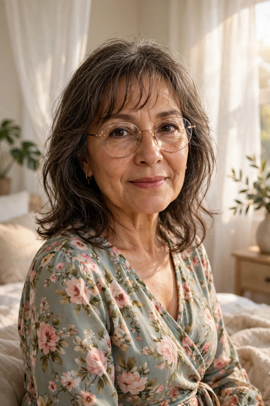 Elegant woman over 60 with fine hair and glasses and medium-length hair with wispy fringe, delicate airy bangs, gentle light.
