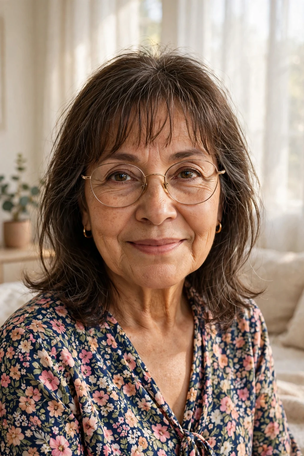 Elegant woman over 60 with fine hair and glasses and medium-length hair with wispy fringe, delicate airy bangs, gentle light.