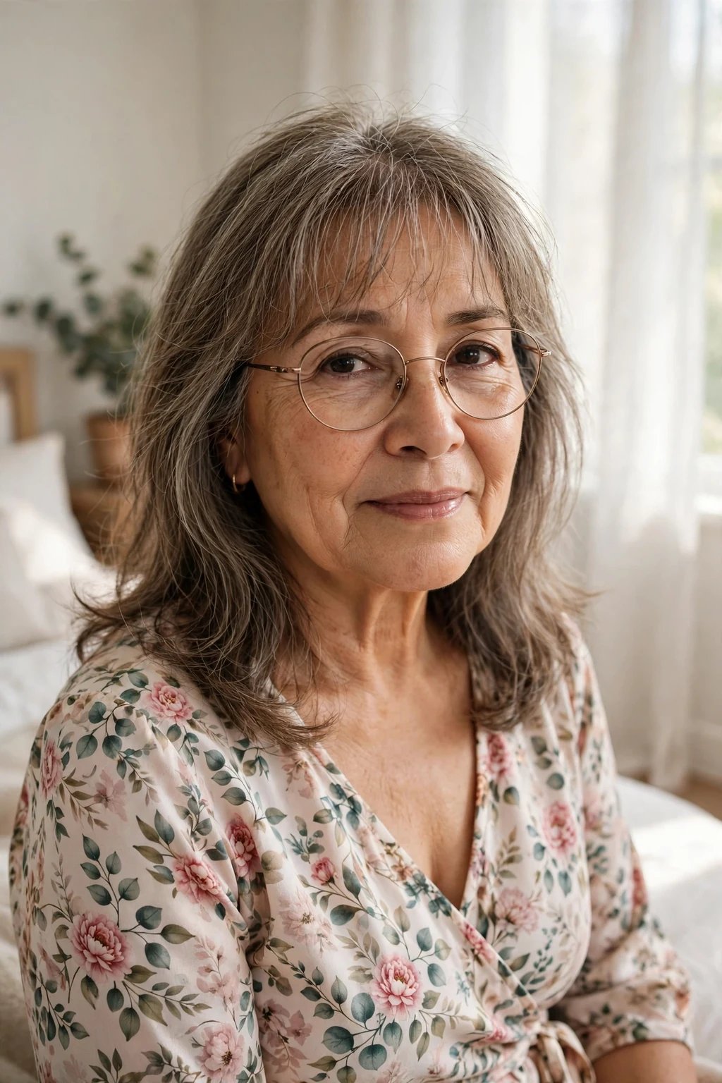 Elegant older woman with fine hair and glasses and medium-length hair with wispy fringe, delicate airy bangs, gentle light.