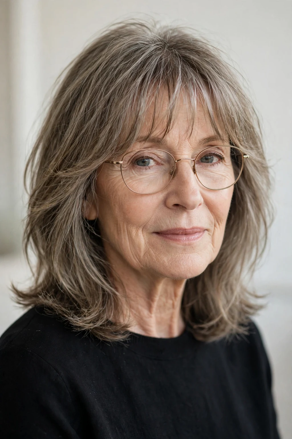 Elegant older woman with glasses and medium-length hair with wispy fringe, delicate airy bangs, gentle light.